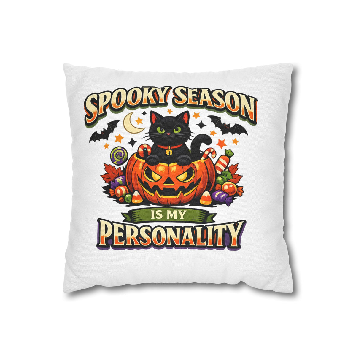 Halloween Pillowcase — "Spooky Season Is My Personality" Black Cat Pumpkin Decorative Pillow