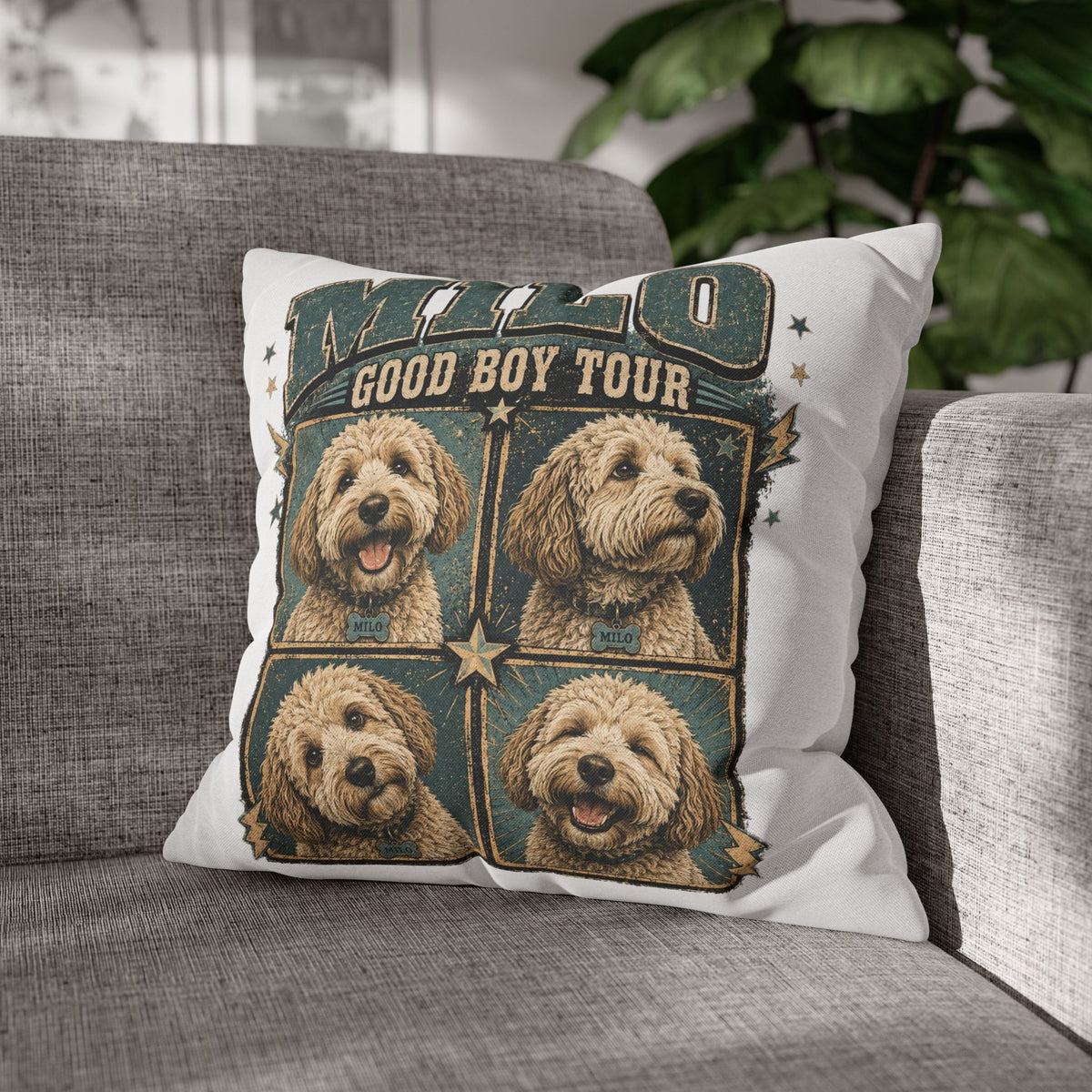 Dog Pillowcase— "MILO Good Boy Tour" Spun Polyester Throw Pillowcase Milo Bailey Dog Dad Mom