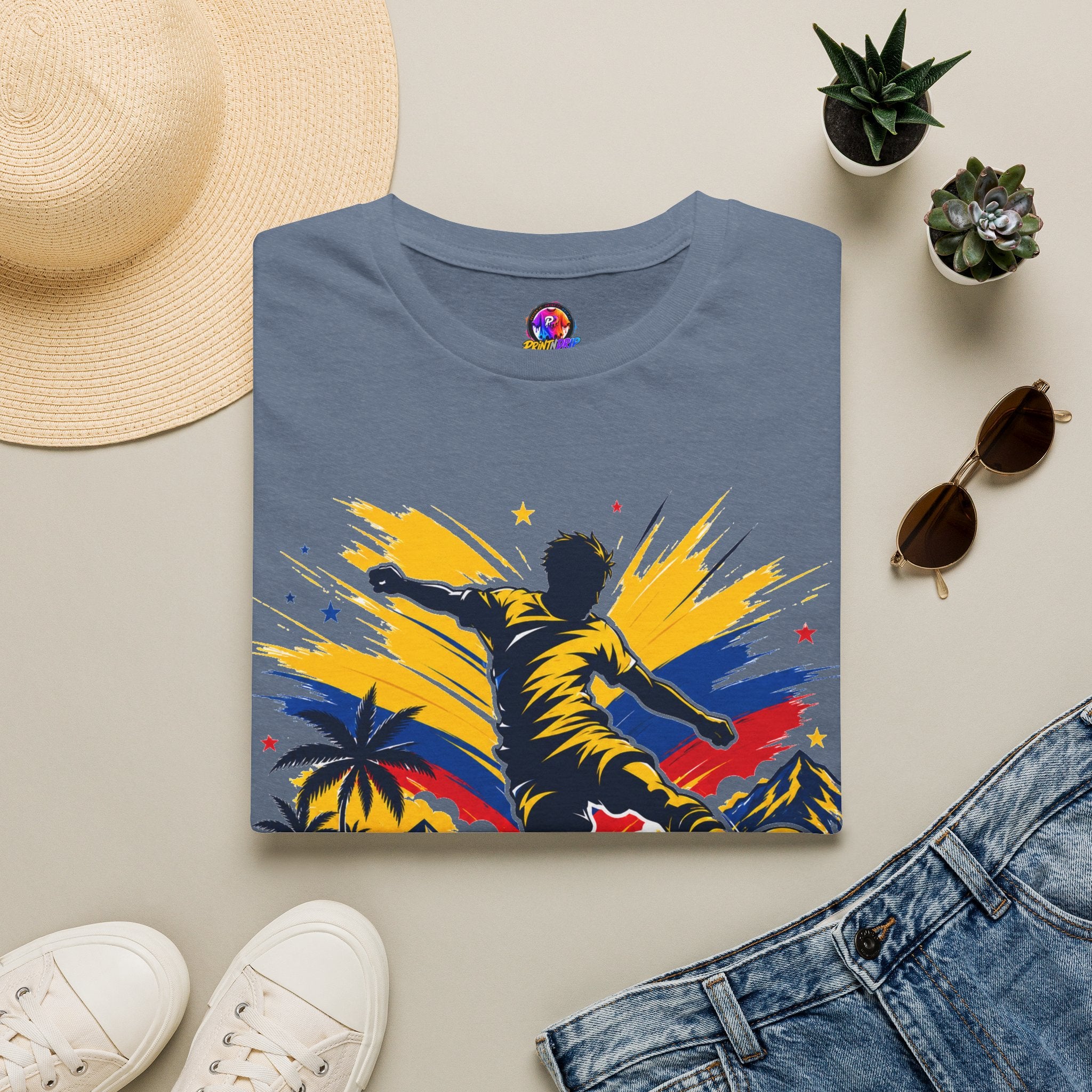 Columbia Soccer Player Graphic T-Shirt — "Golden Rhythm" Vibrant Beach Soccer Tee