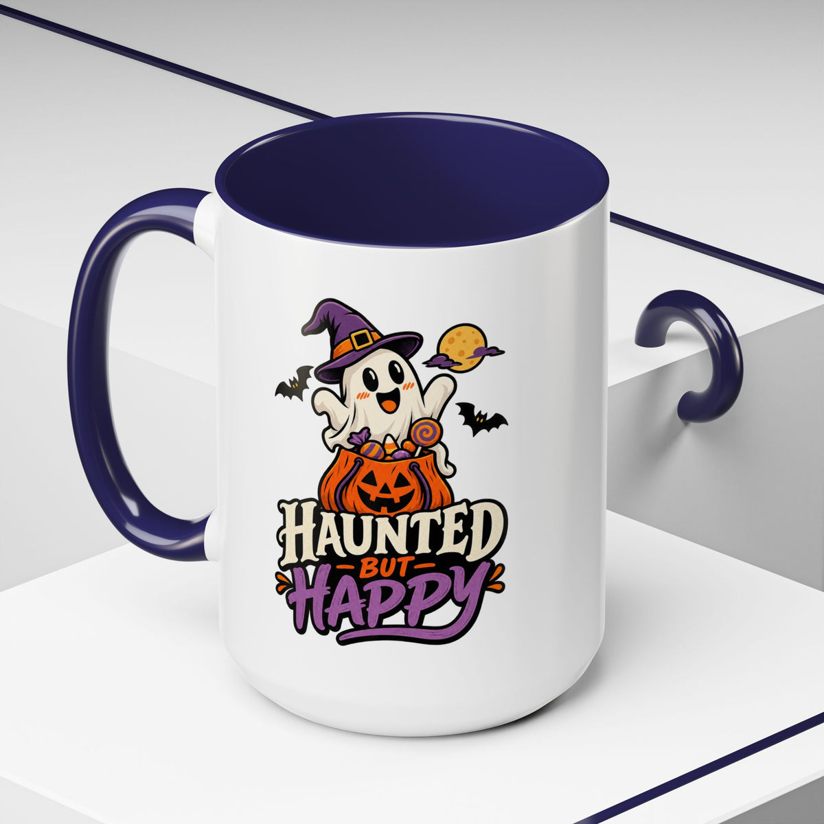 Haunted But Happy Coffee Mug — Halloween Ghost Pumpkin Accent Mug (11/15oz)