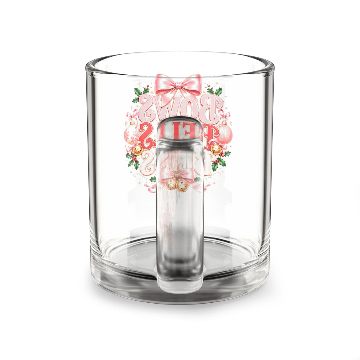 Christmas Glass Mug 10 oz Glass Mug — "Bows Bells Boss" Christmas Glass Coffee Mug | Cute Festive Holiday Gift