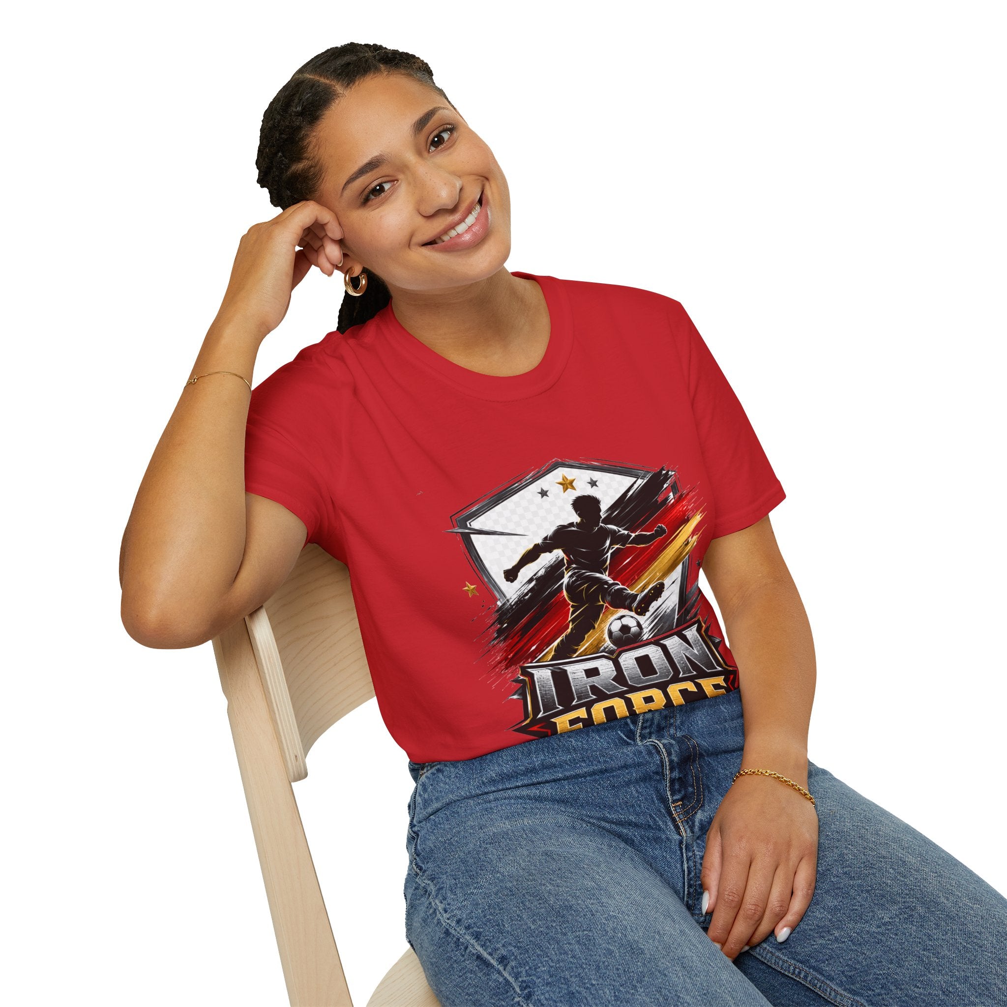 Germany Soccer 'Iron Force' Graphic T-Shirt — Player Silhouette with Red & Gold Brushstroke Emblem