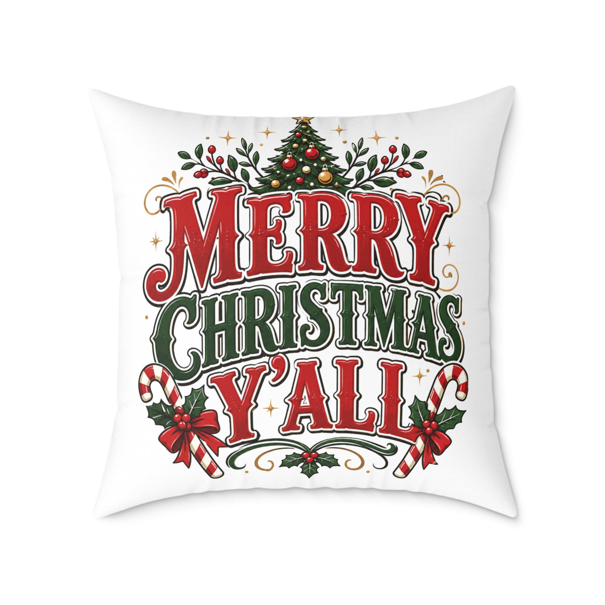 Merry Christmas Y'all Pillow — Festive Holiday Square Throw Pillow
