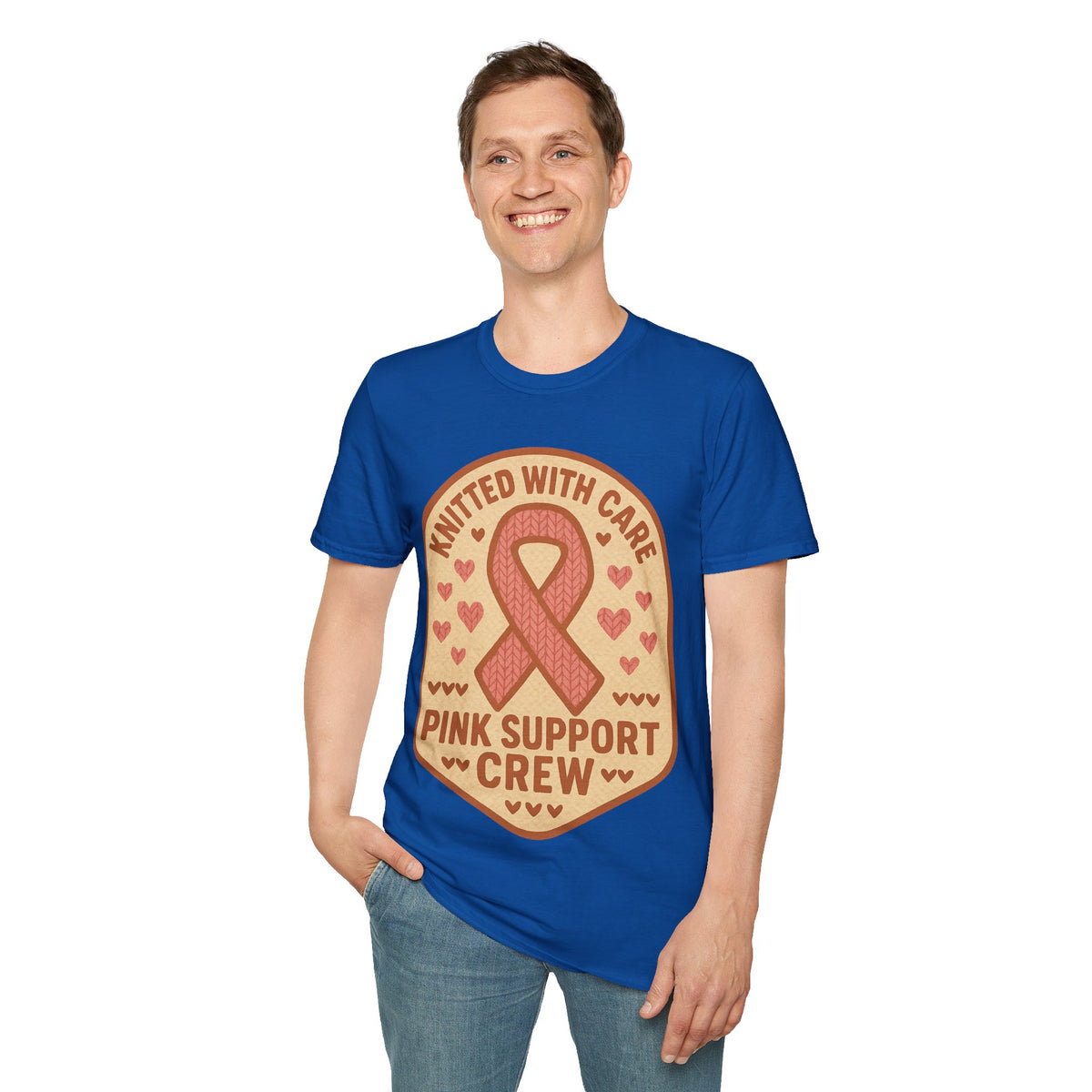 Pink Support Crew Knitted With Care Shield Badge T-Shirt, Breast Cancer Awareness Tee - Trending Now - September 2026