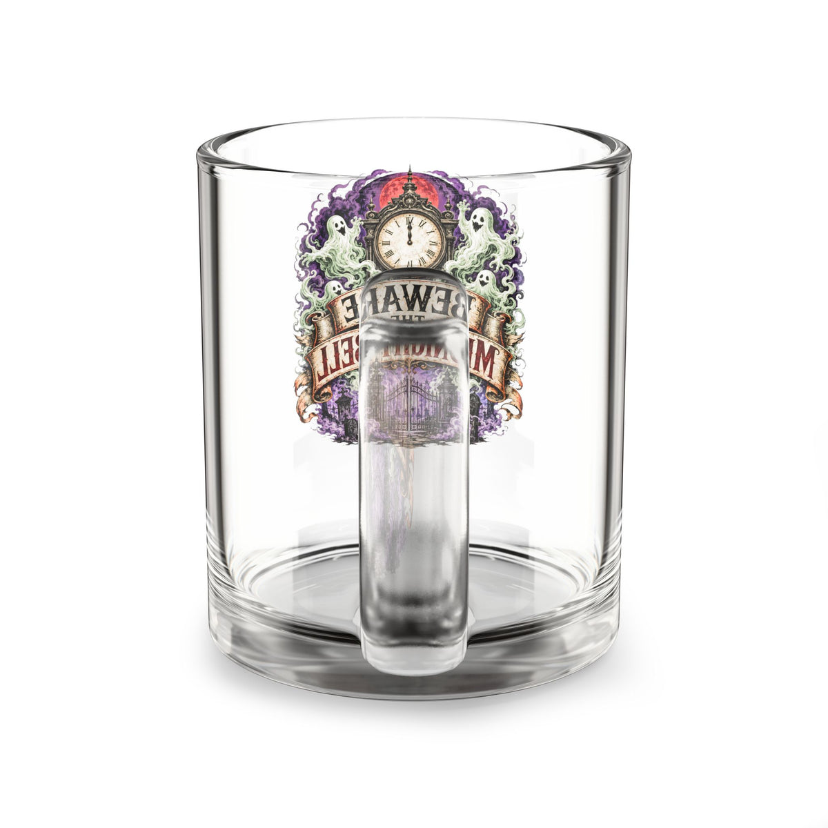 Halloween Glass Mug 10 oz  Beware the Midnight Bell Glass Mug — 10oz Gothic Clock Coffee Cup