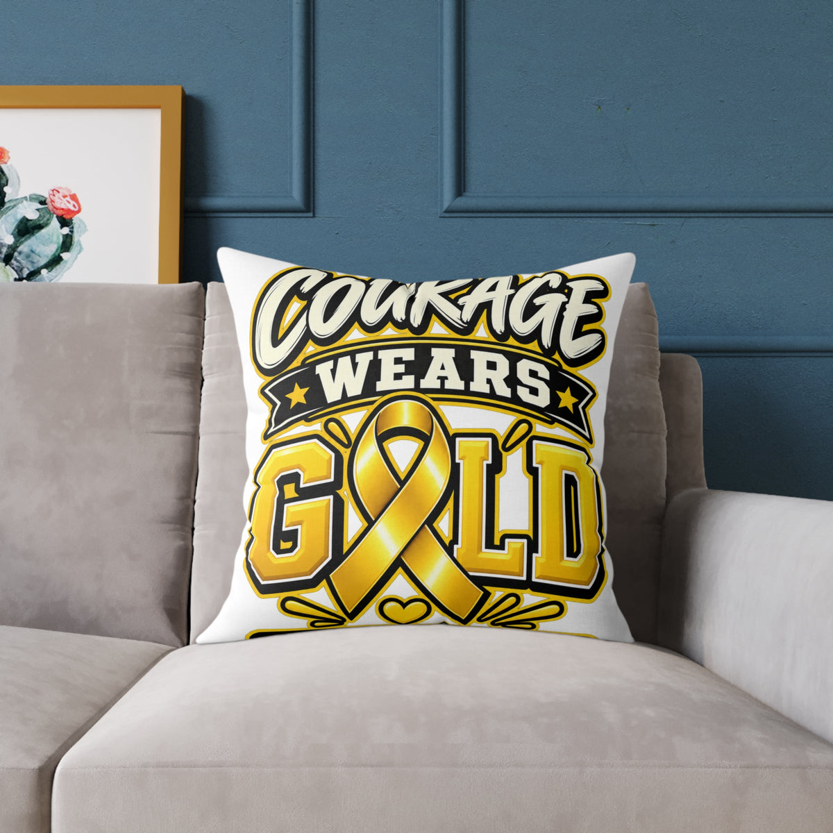 Courage Wears Gold Pillow — Childhood Cancer Awareness Throw Pillow
