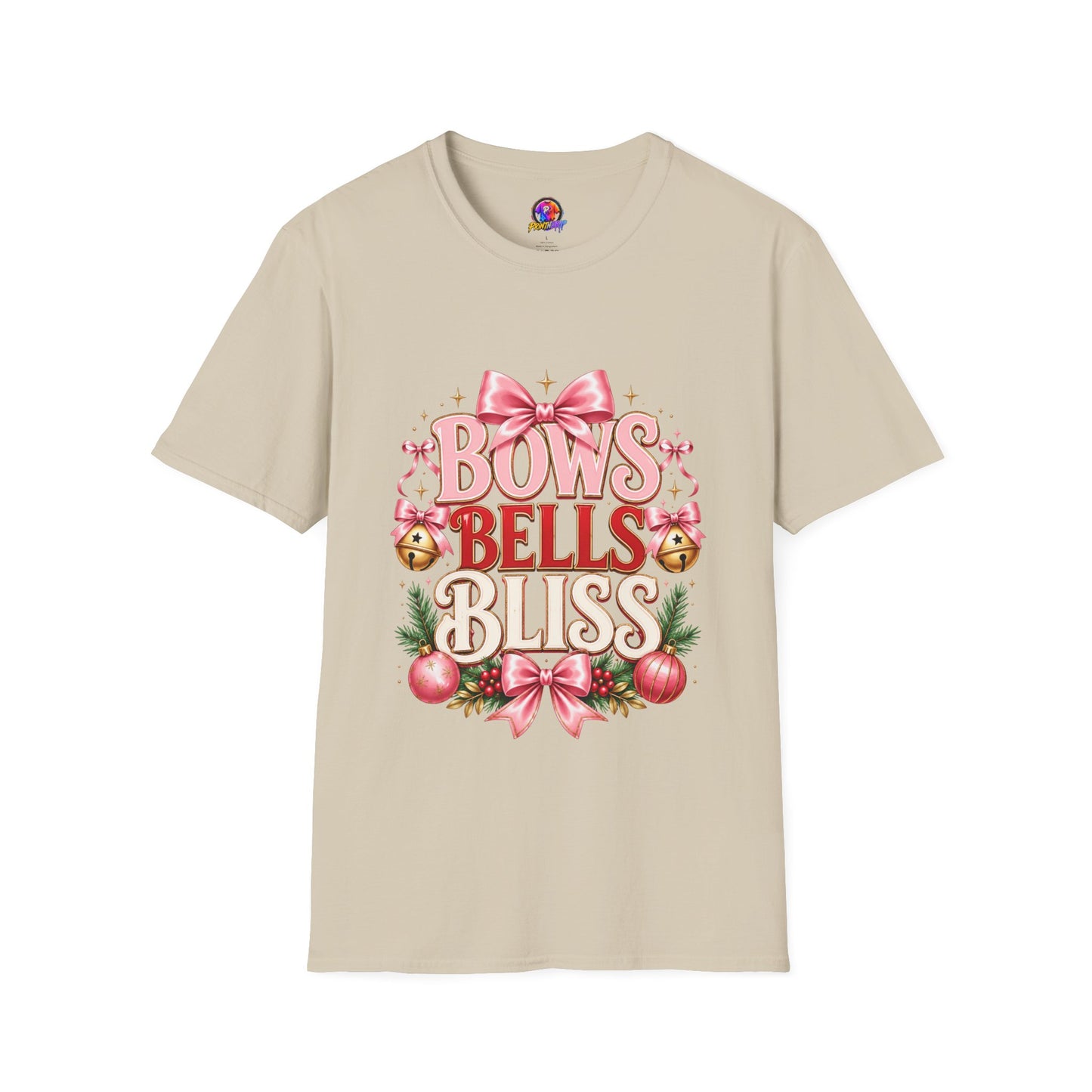 T-Shirt — "Bows Bells Bliss" Pink Holiday Graphic Tee