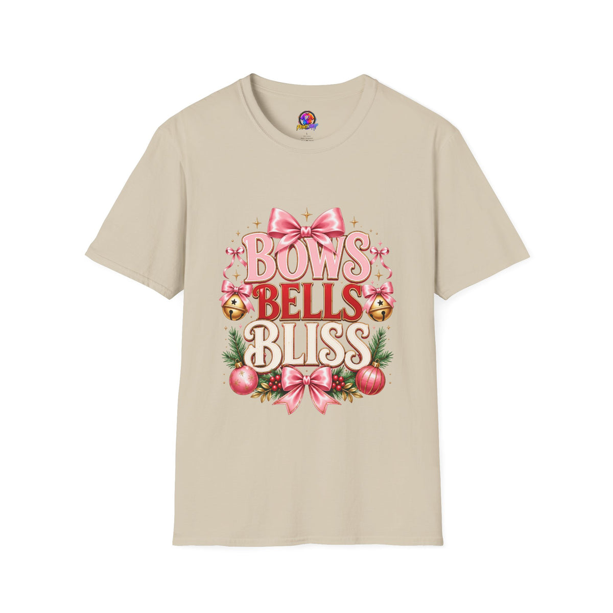 T-Shirt — "Bows Bells Bliss" Pink Holiday Graphic Tee