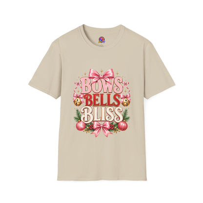 T-Shirt — "Bows Bells Bliss" Pink Holiday Graphic Tee