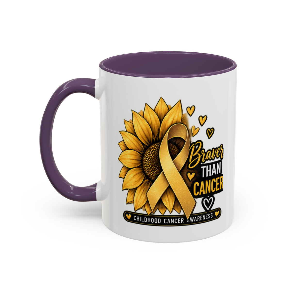 Childhood Cancer Awareness Mug — "Braver Than Cancer" Sunflower & Gold Ribbon