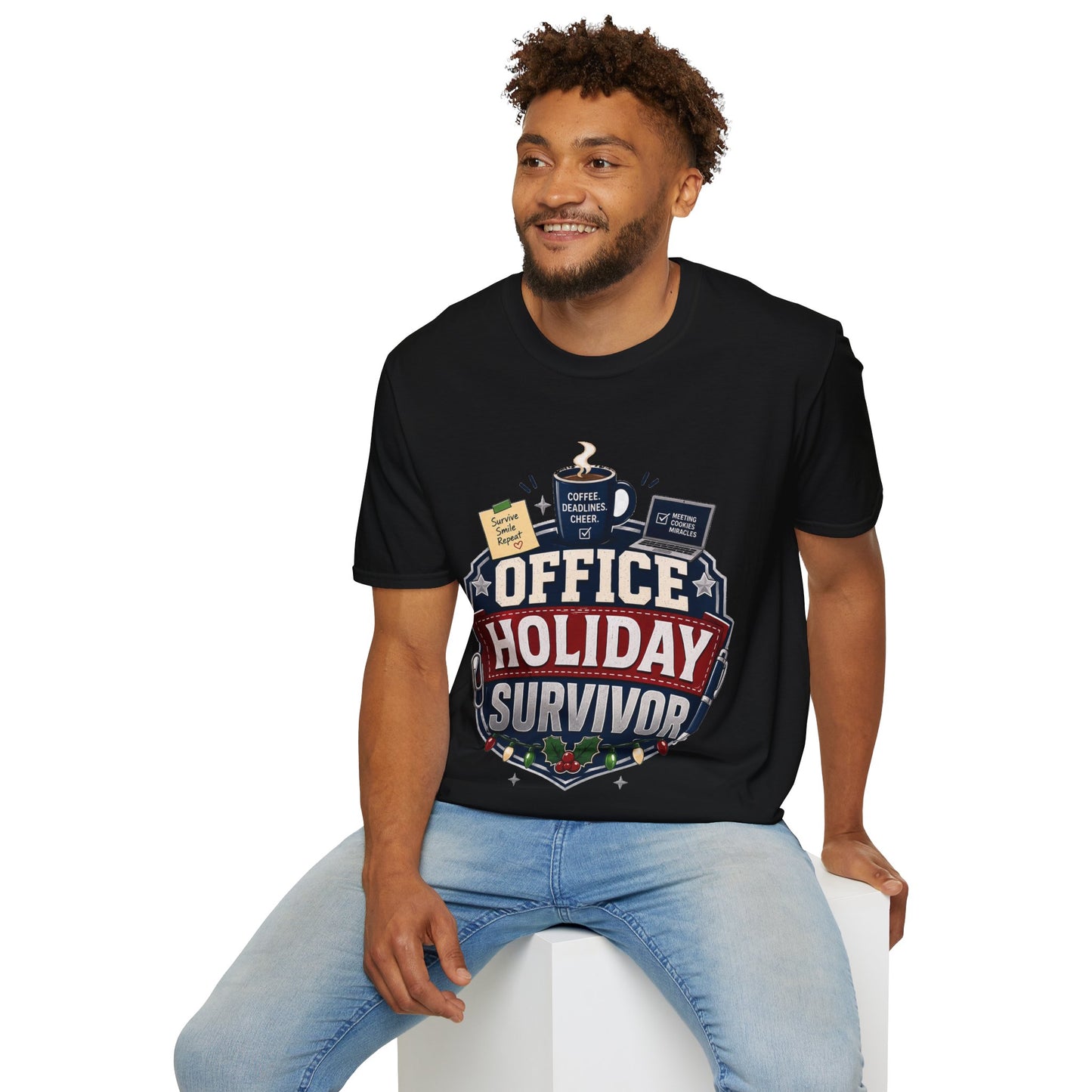 Office Holiday Survivor T-Shirt — Coffee, Deadlines & Cheer Work Shirt