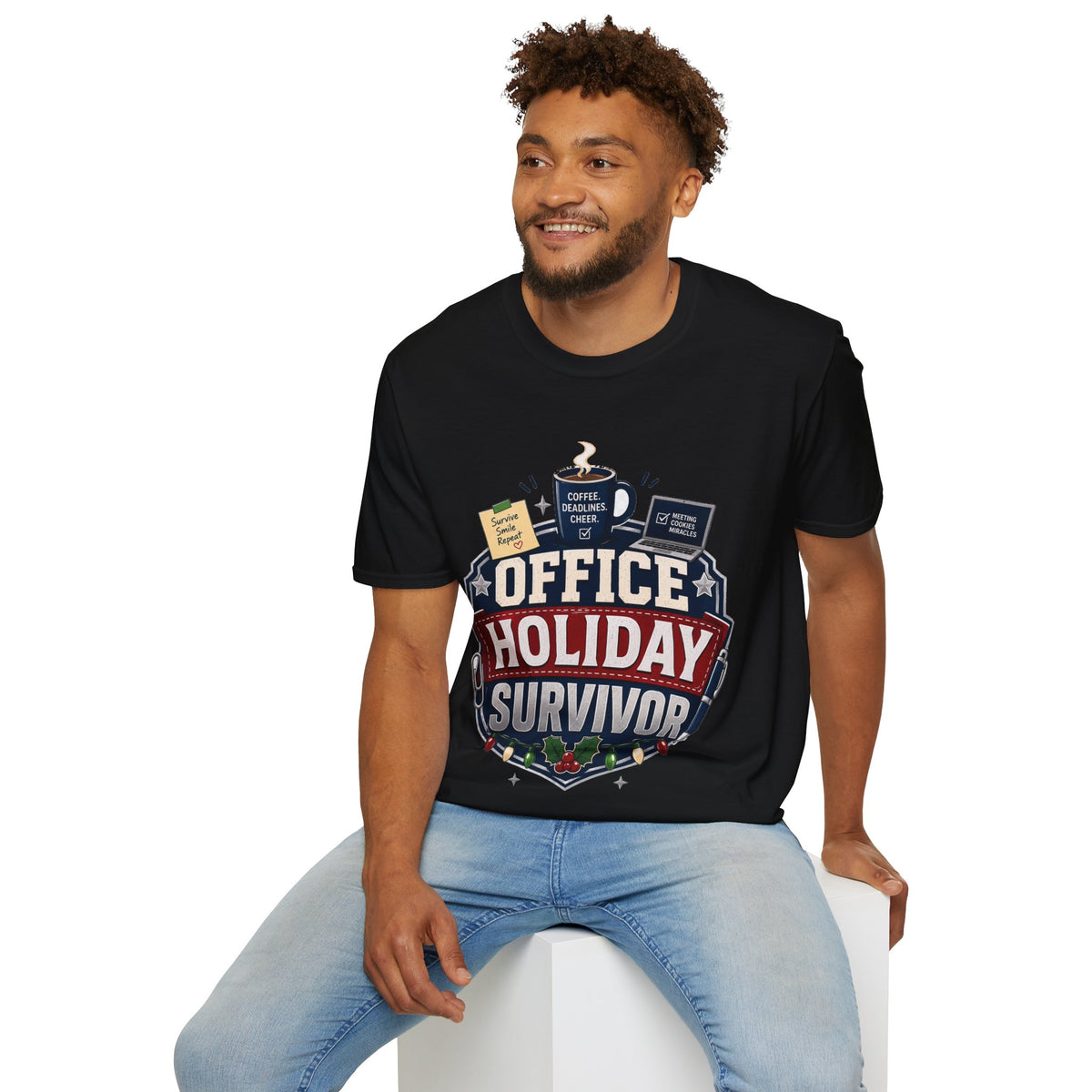 Office Holiday Survivor T-Shirt — Coffee, Deadlines & Cheer Work Shirt