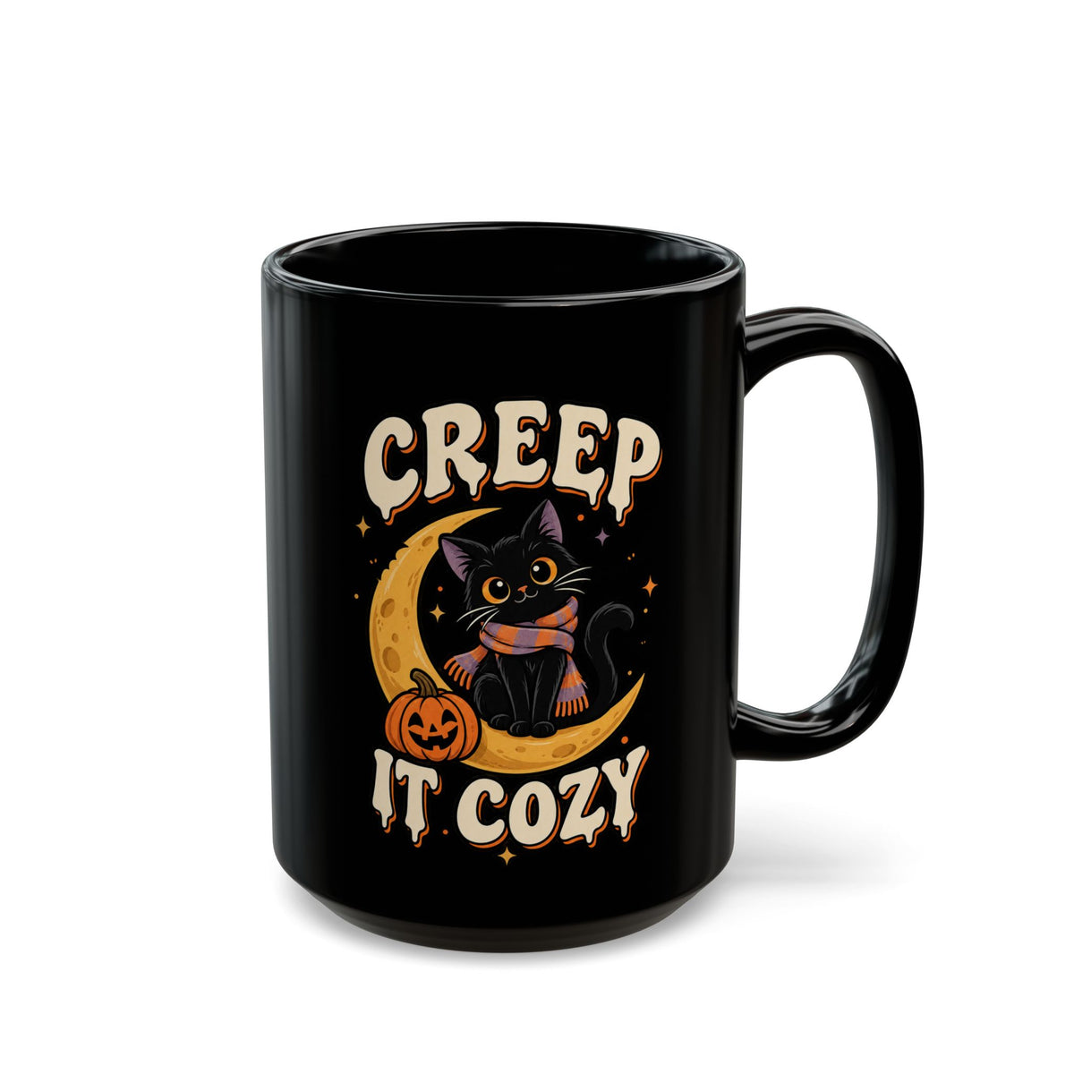 Creep It Cozy Black Mug — Halloween Cat Moon Coffee Cup (11oz & 15oz)