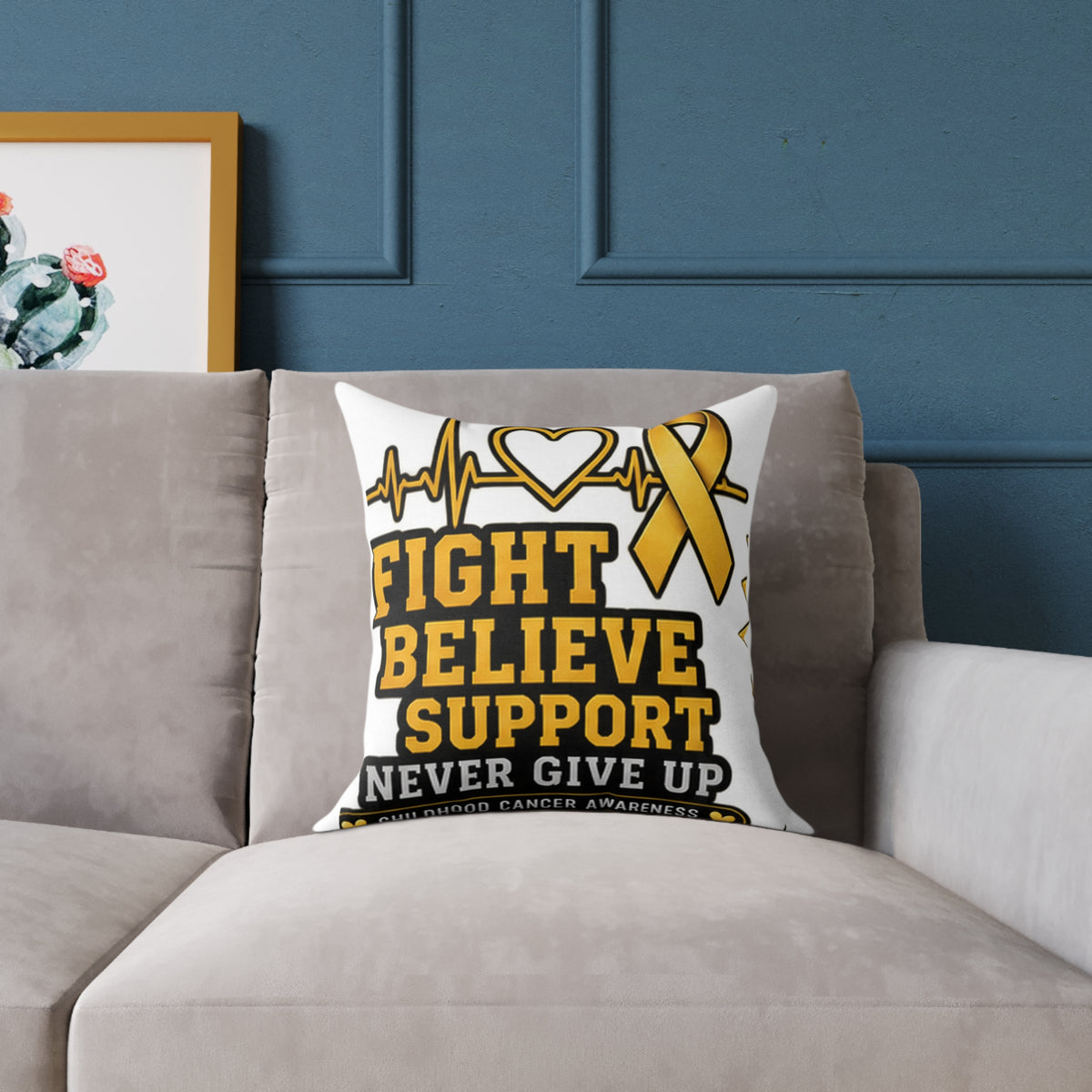 Childhood Cancer Awareness Pillow - "Fight Believe Support Never Give Up" Gold Ribbon Accent