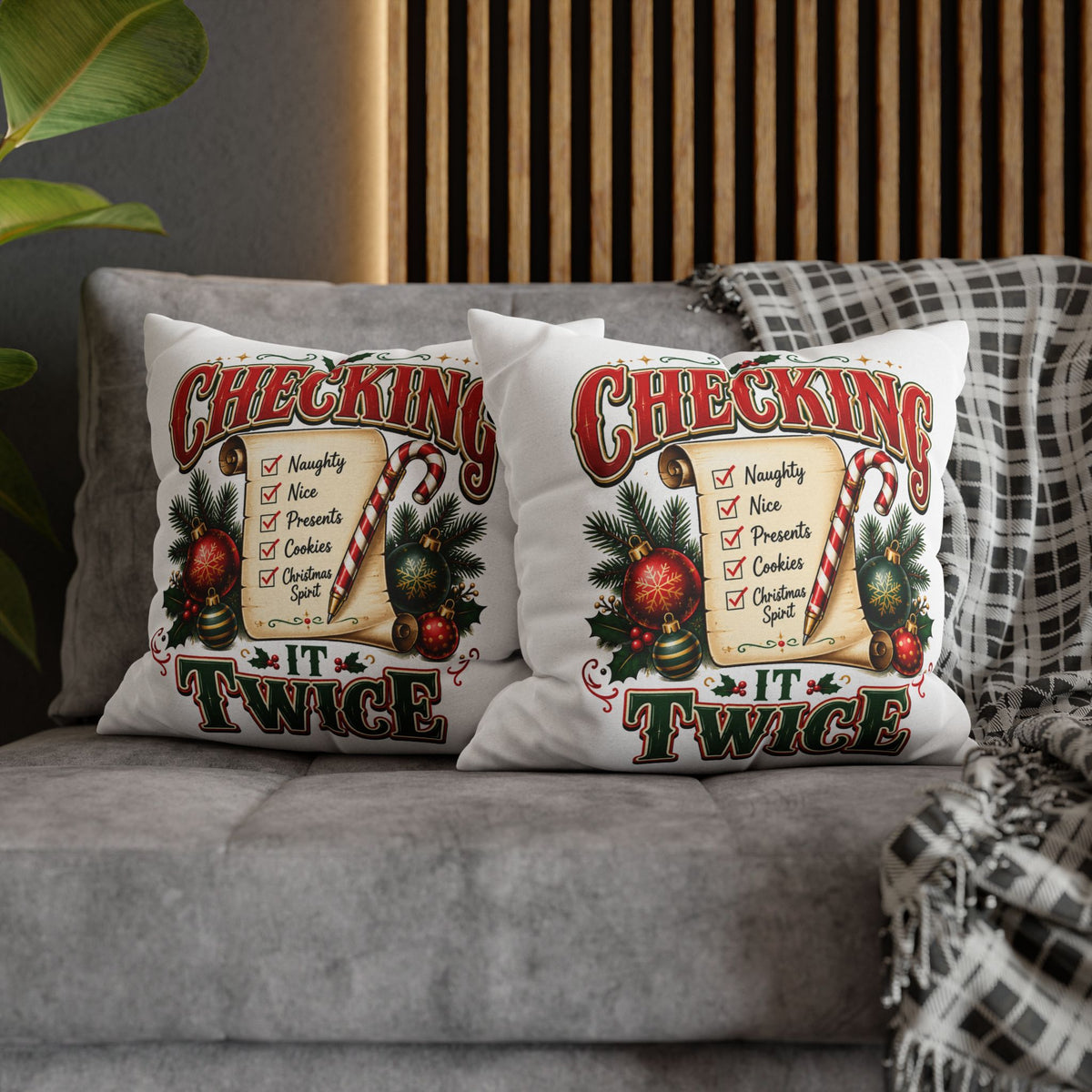 Checking It Twice Christmas Pillowcase — Festive Holiday Checklist Throw Pillow Cover