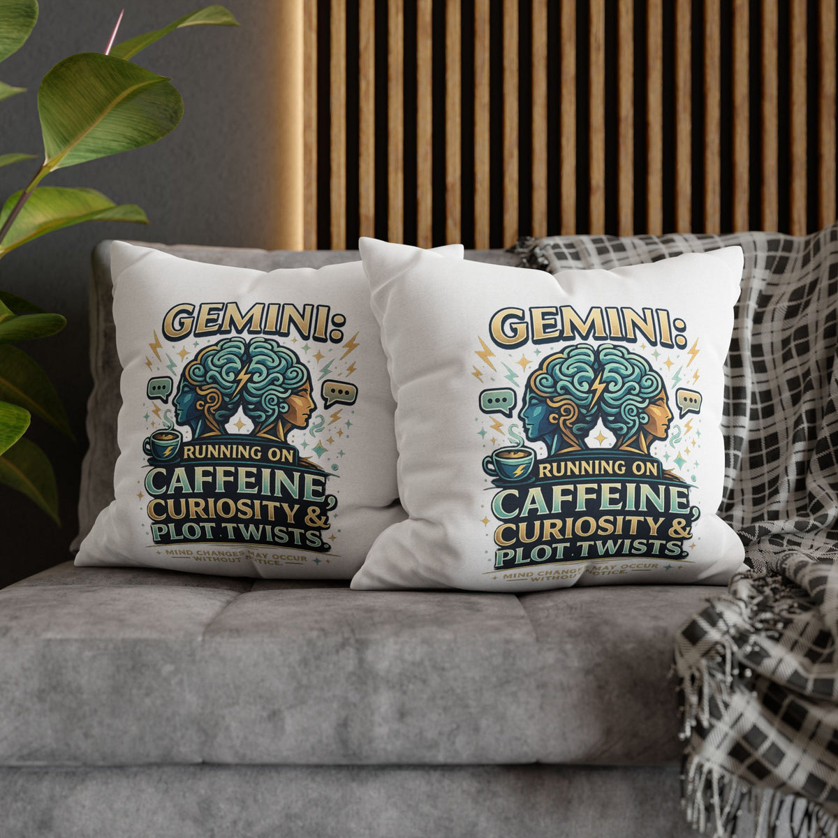 Gemini Decorative Pillow pillowcase — "Running on Caffeine, Curiosity & Plot Twists"