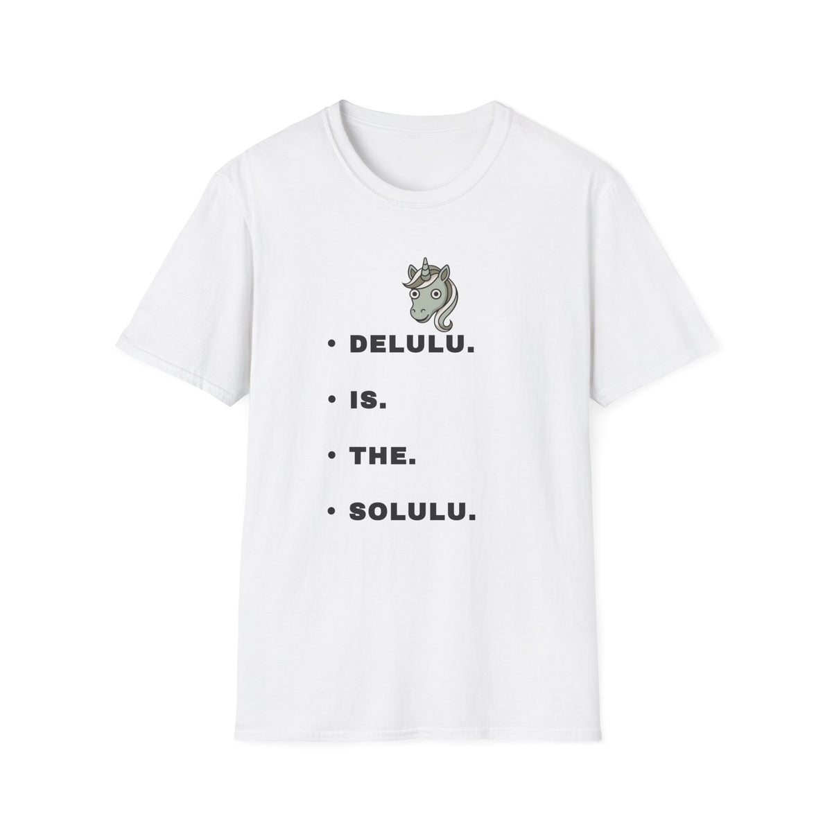 T-Shirt — Minimalist Unicorn Graphic Tee with "DELULU" Text - Trending Now - September 2026