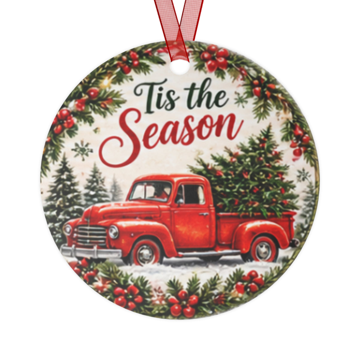 Tis the Season Red Truck Metal Ornament – Retro Christmas Tree Holiday Decoration