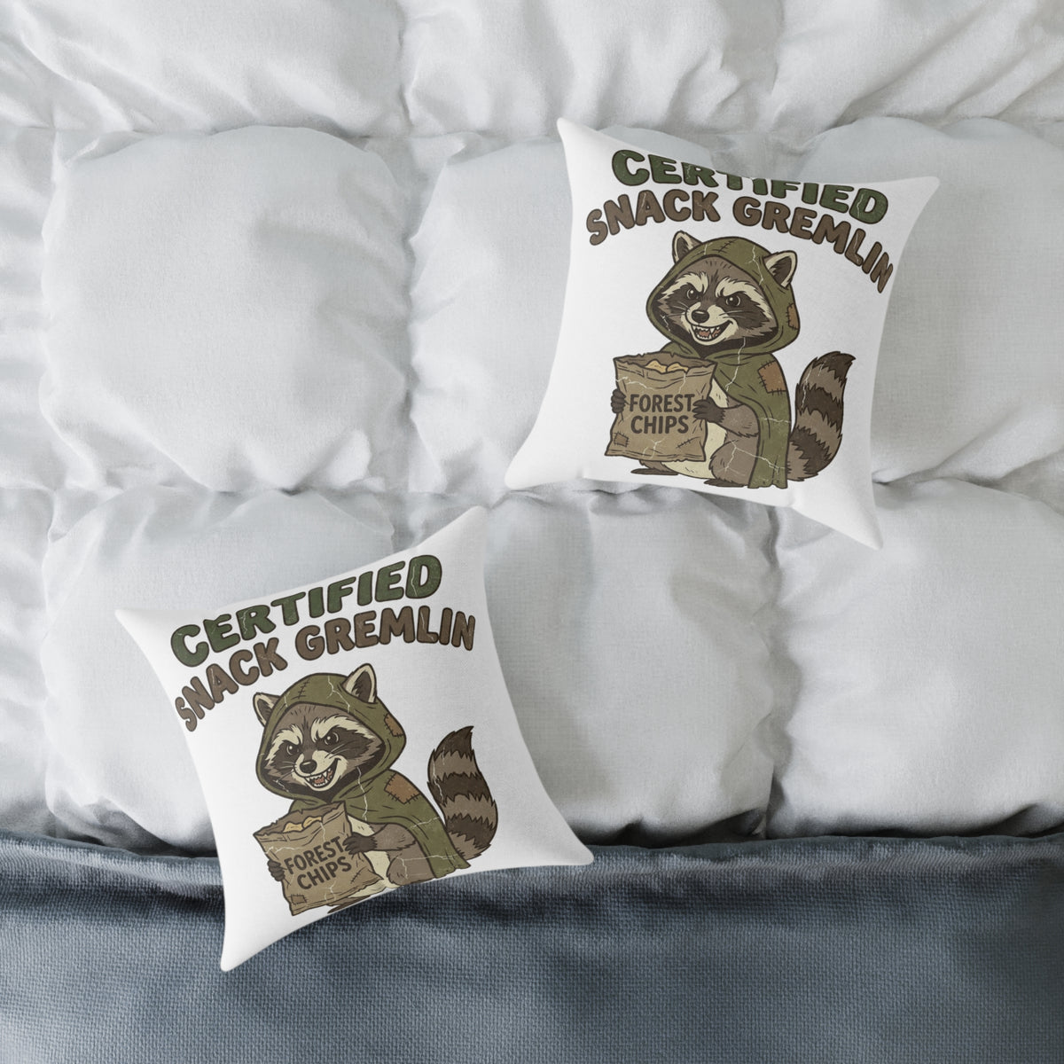Funny Certified Snack Gremlin Raccoon Pillow — Cute Animal Snack Lover Throw Pillow