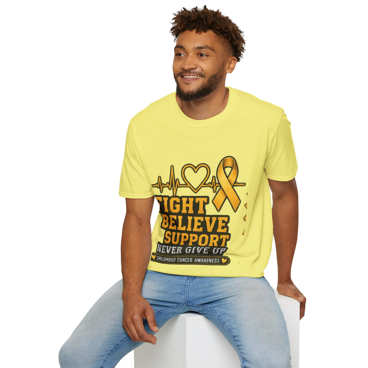 Childhood Cancer Awareness T-Shirt – "Fight Believe Support Never Give Up" Gold Ribbon Tee