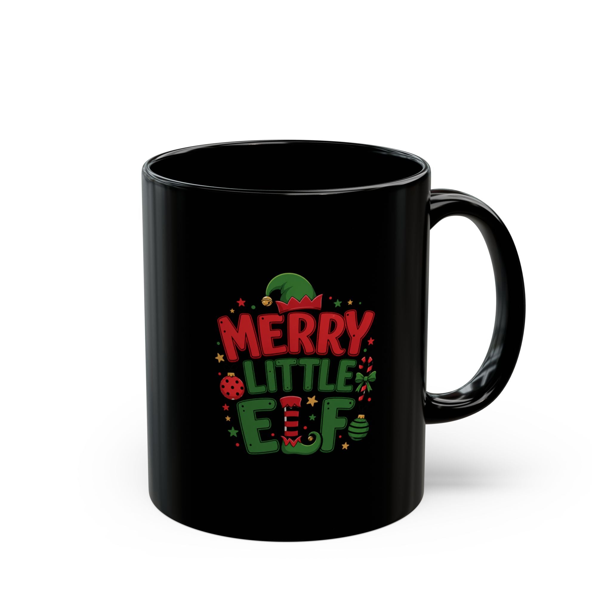 Merry Little Elf Black Mug — Cute Christmas Holiday Coffee Cup