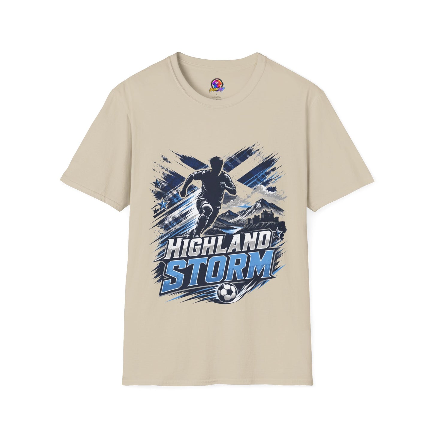 Scotland Highland Storm Soccer T-Shirt — Mountain Soccer Player Graphic Tee
