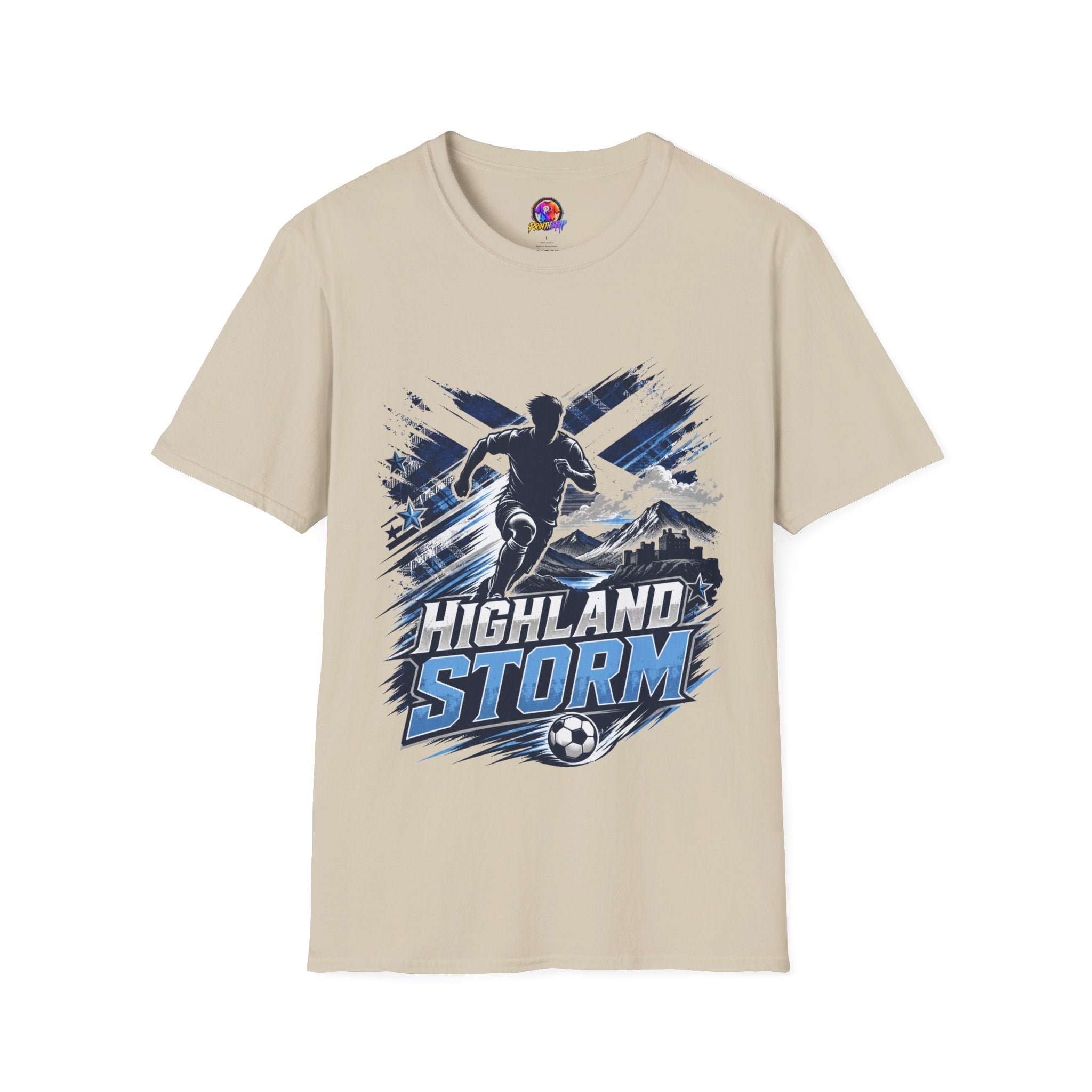 Scotland Highland Storm Soccer T-Shirt — Mountain Soccer Player Graphic Tee