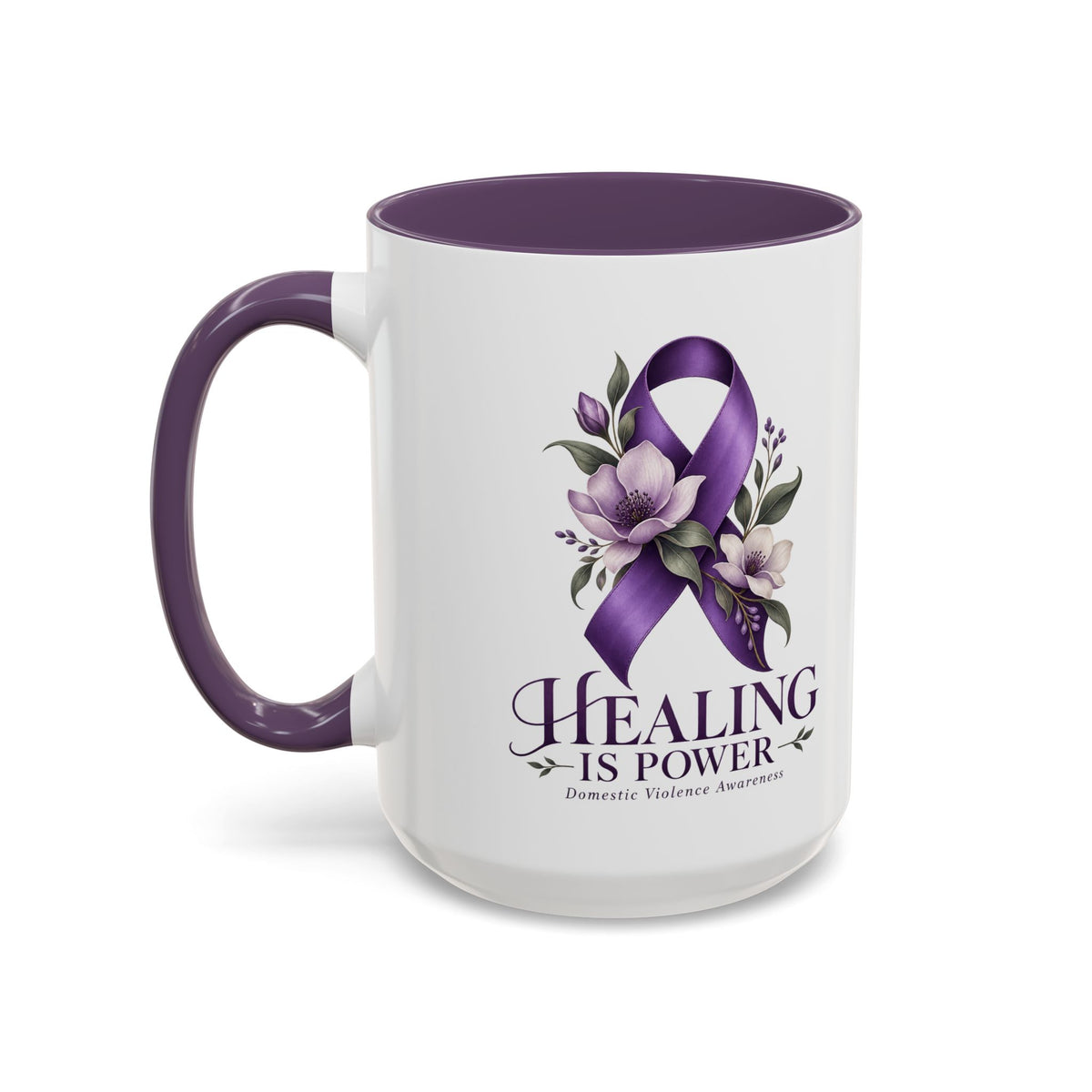 Healing Is Power Purple Ribbon Coffee Mug — Domestic Violence Awareness Accent Mug (11/15oz)