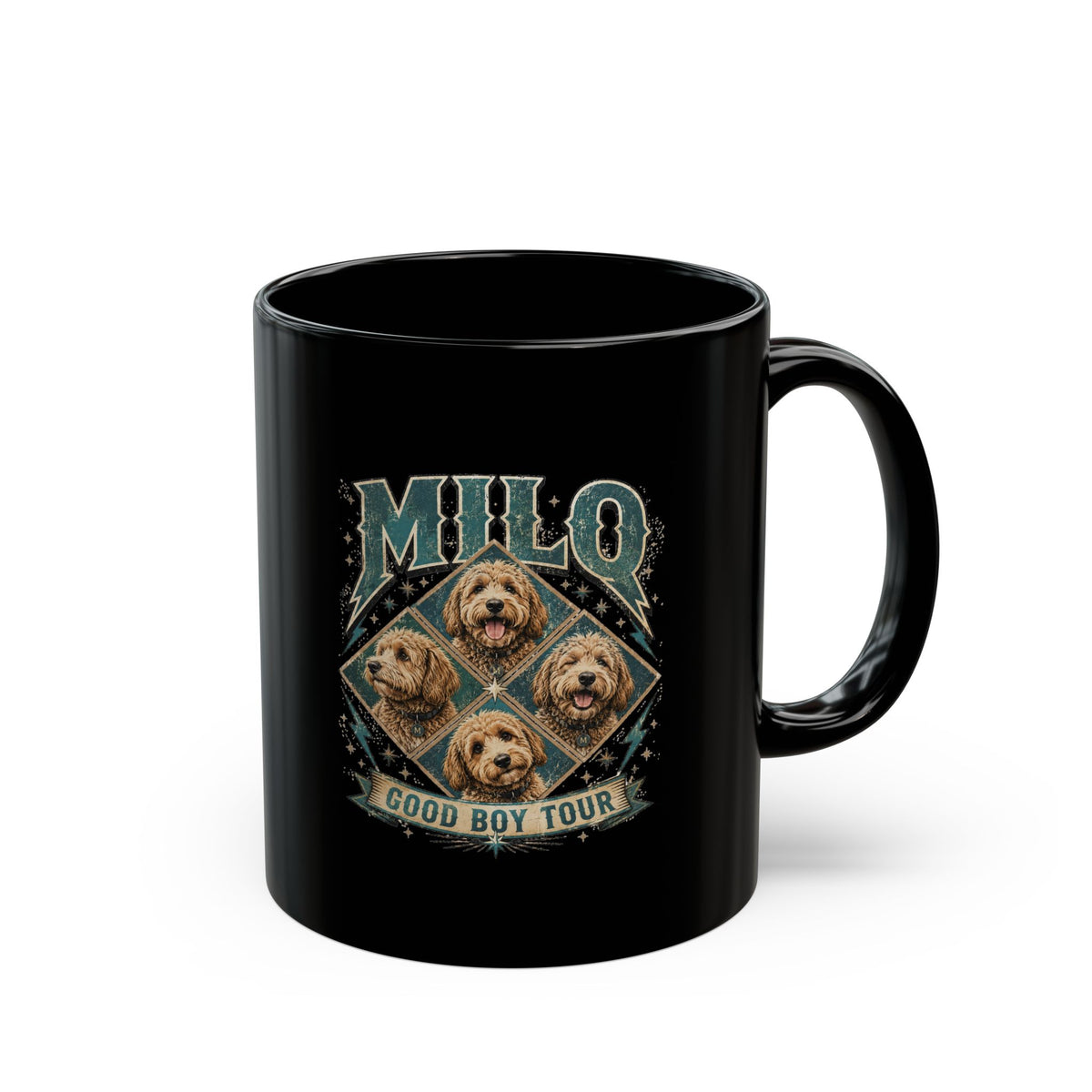 Milo Bailey Dog Dad Mom Milo Dog Black Mug — "Good Boy Tour" Retro Pet Lover Coffee Cup