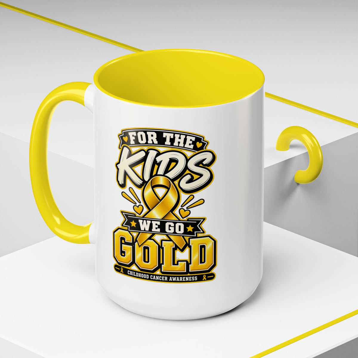 For The Kids We Go Gold Accent Coffee Mug — Childhood Cancer Awareness 11/15oz