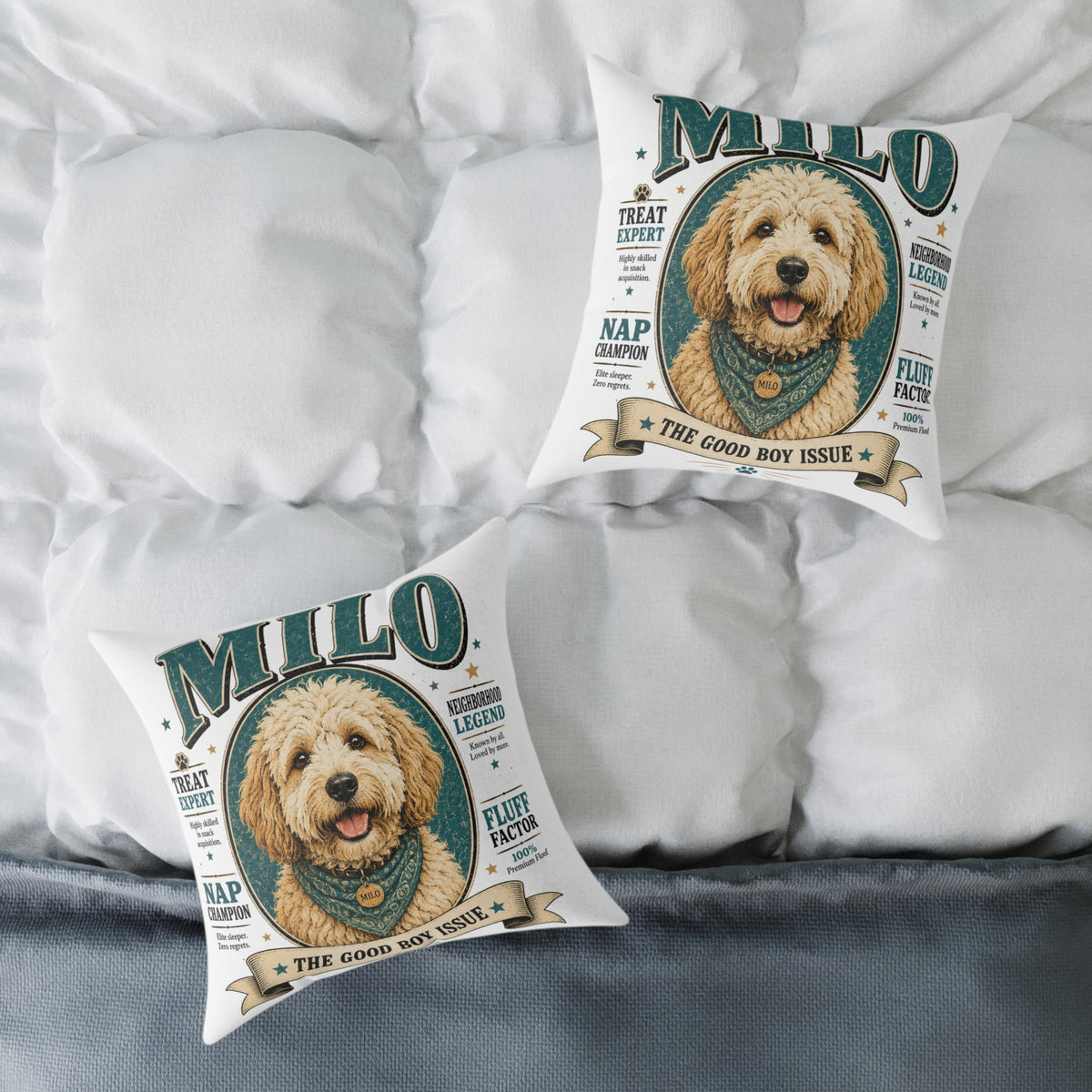 Milo Bailey Dog Dad Mom Square Pillow — "Milo: The Good Boy Issue" Dog Portrait Decorative Throw Pillow