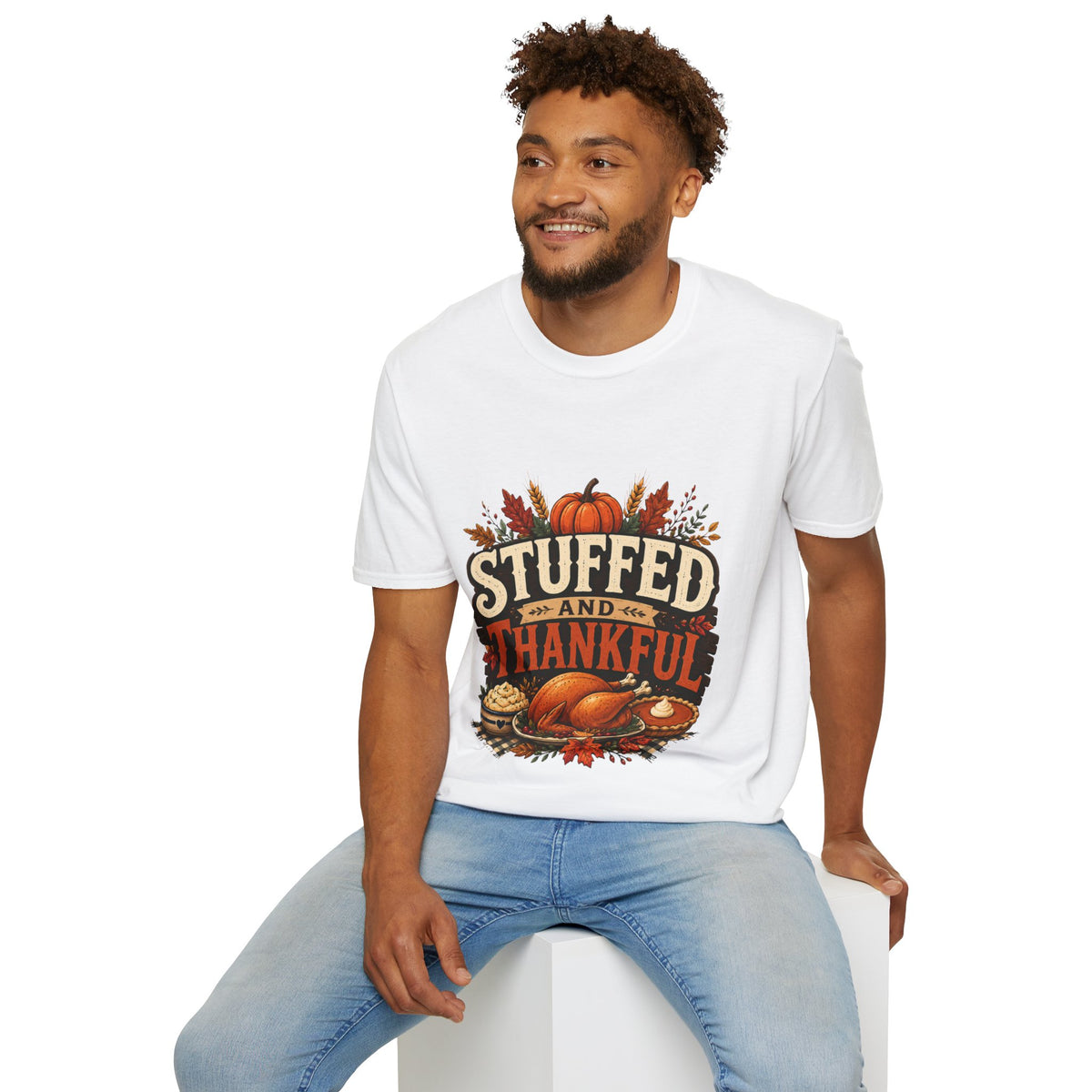 Thanksgiving T-Shirt Stuffed and Thankful T-Shirt — Thanksgiving Pumpkin Fall Graphic Tee