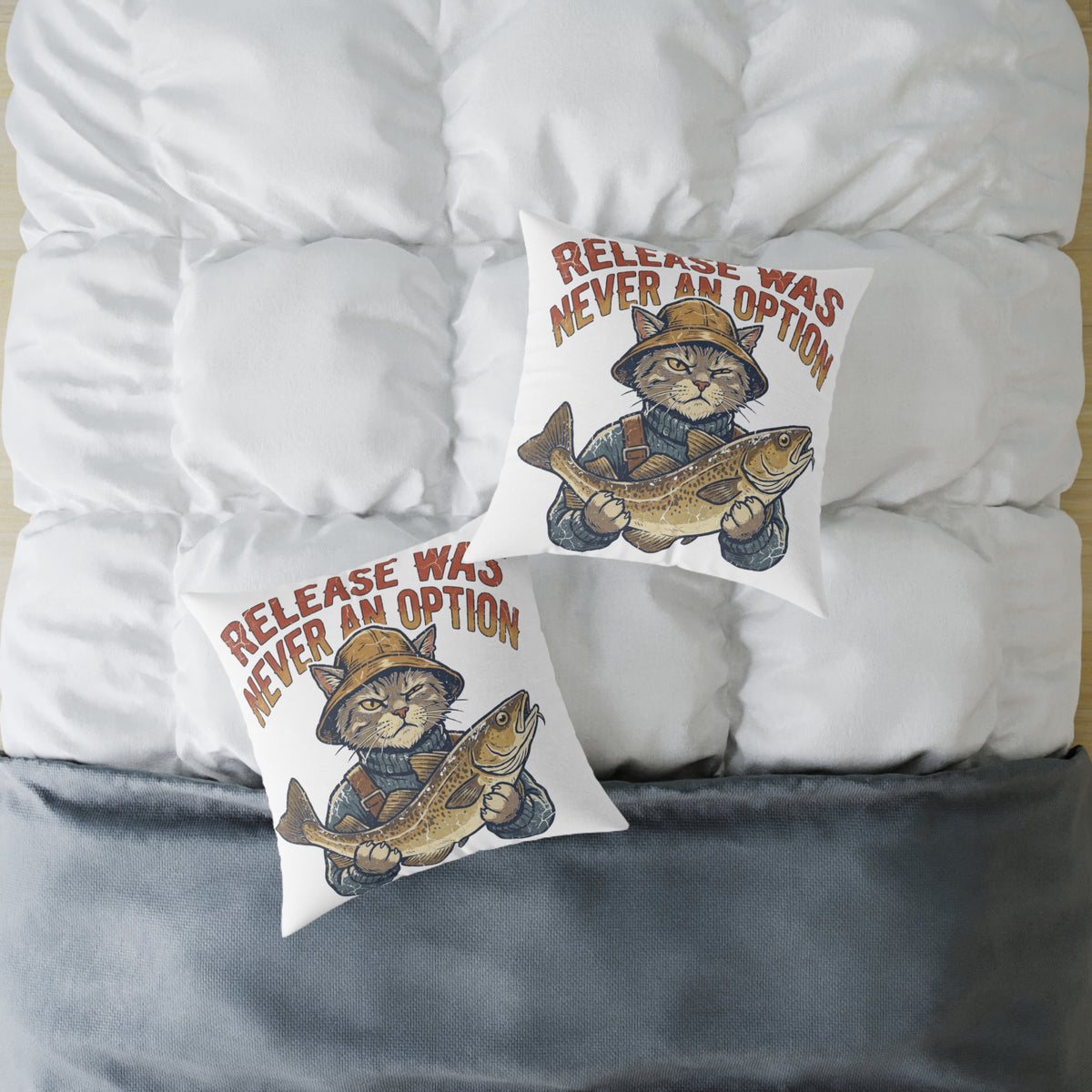 Fishing Cat Throw Pillow —Funny  "Release Was Never An Option" Decorative Accent