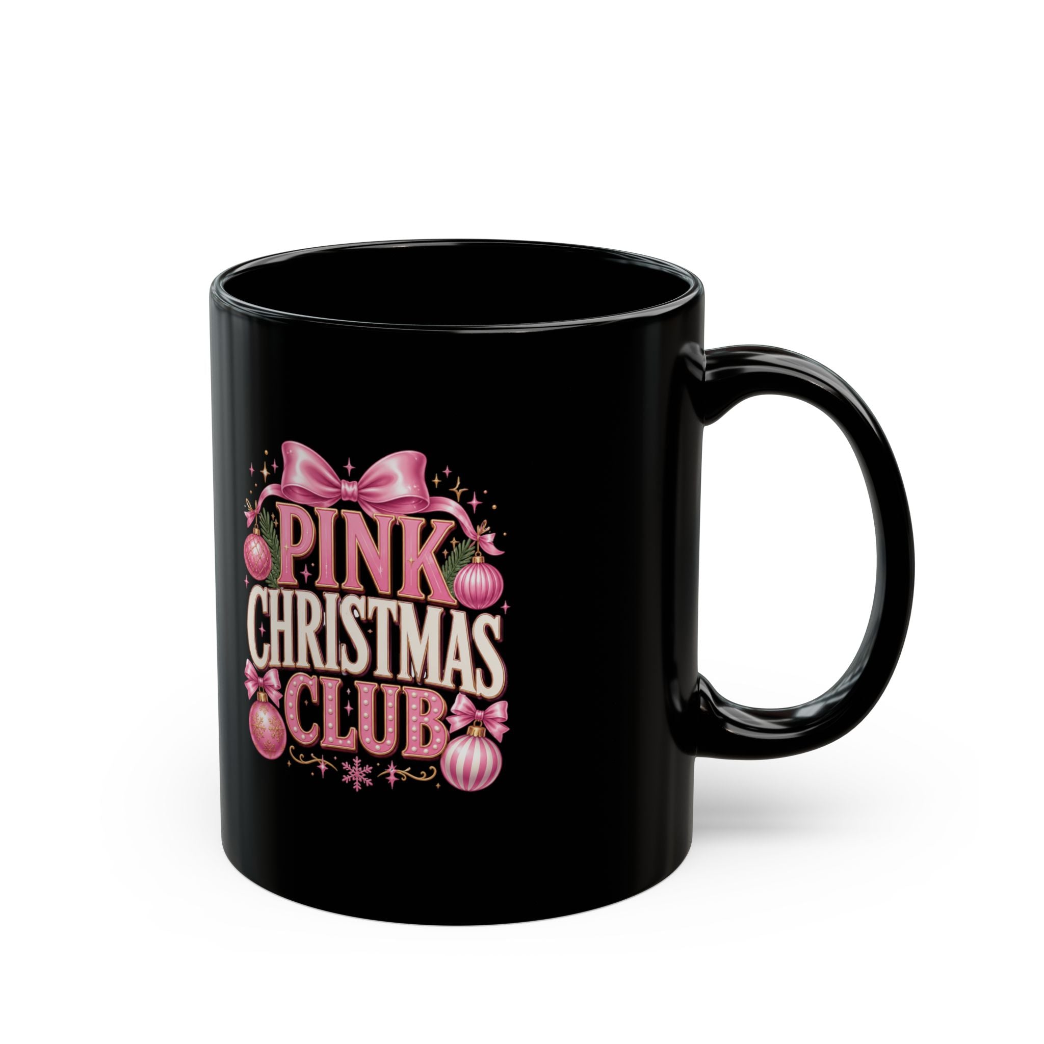 Pink Christmas Club Black Mug — Festive Holiday Coffee Cup