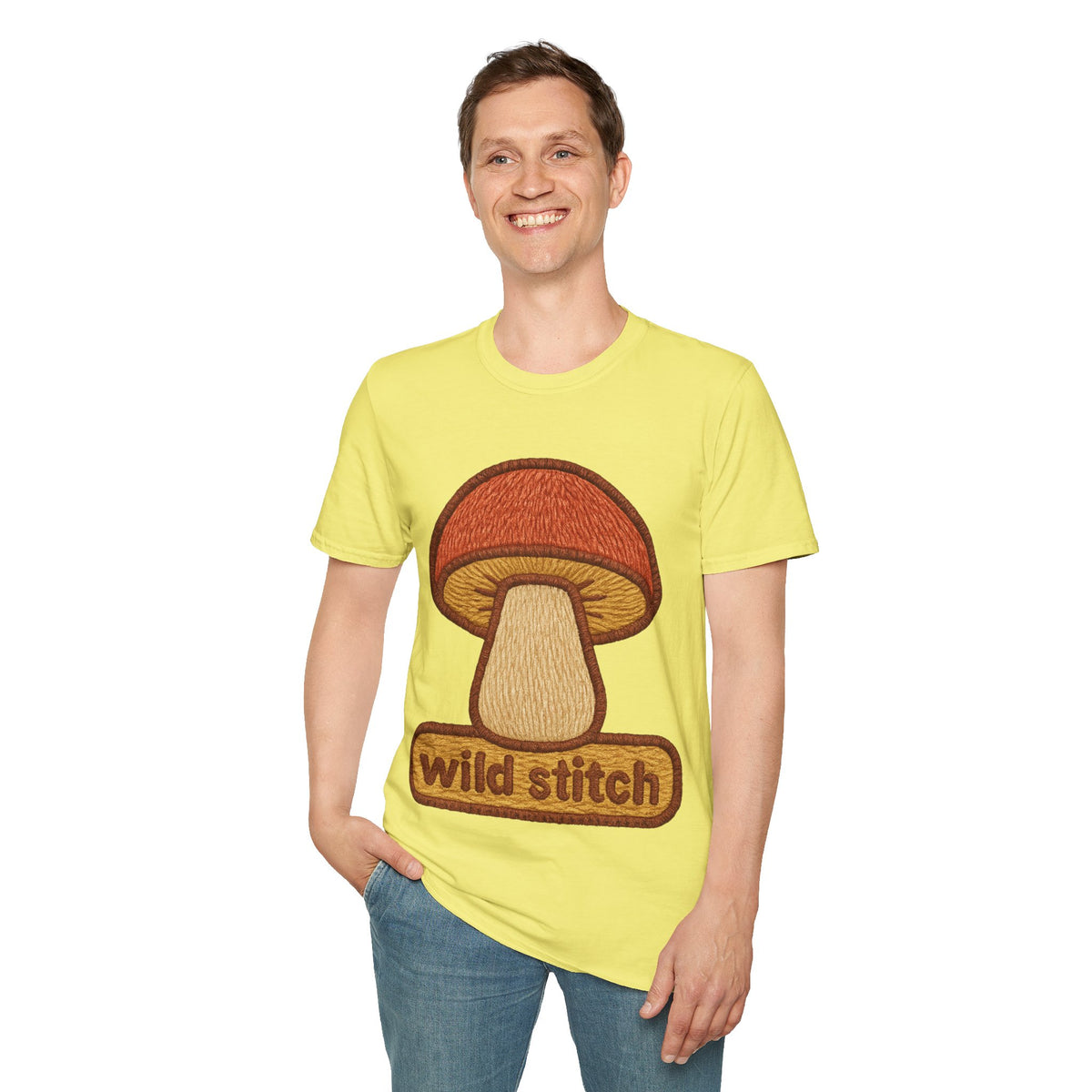"Wild Stitch" Cute Hand Stitched Mushroom Tee - Cottagecore Crochet Crafting White T-Shirt - Trending Now - September 2026