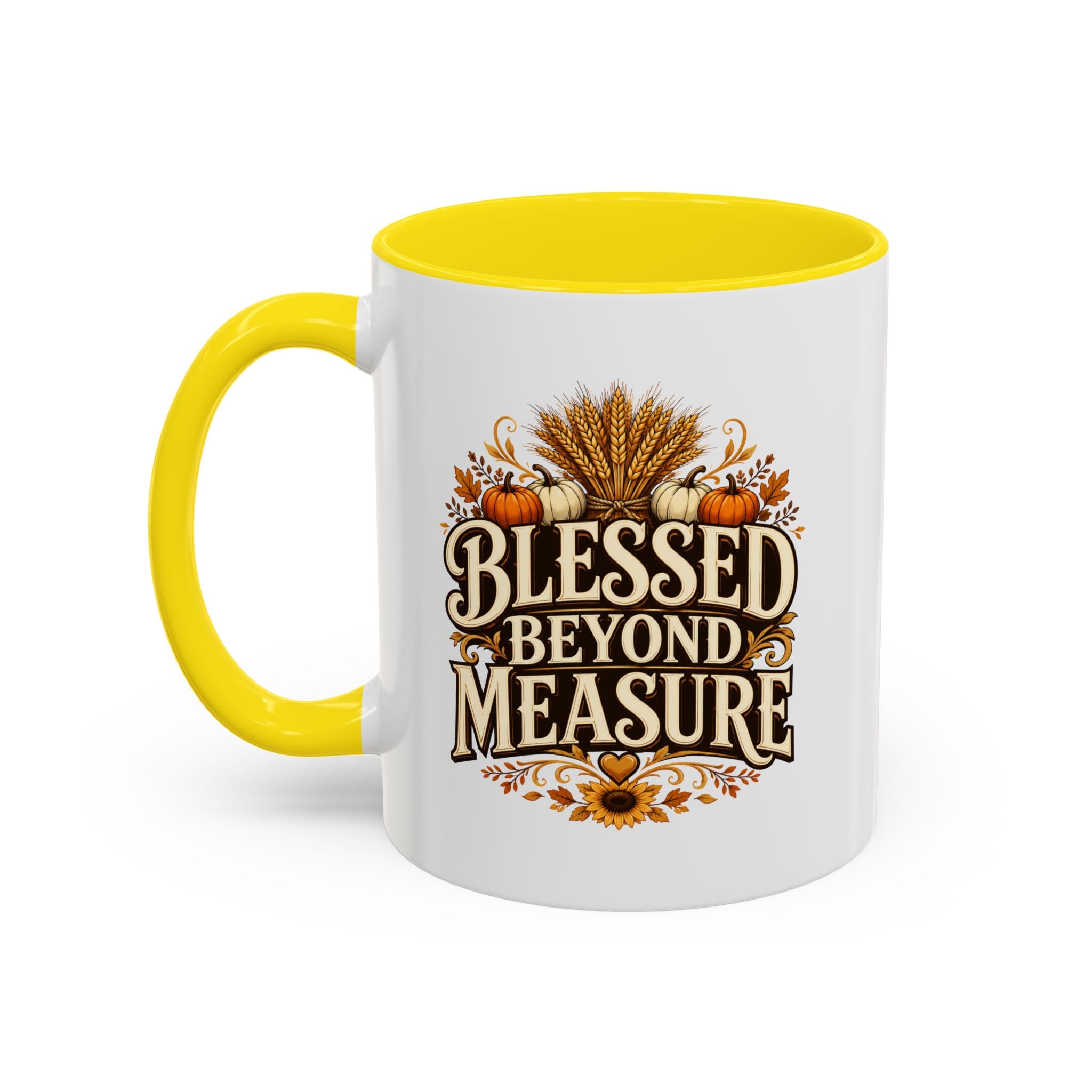 Thanksgiving Mug Blessed Beyond Measure Accent Coffee Mug — Fall Pumpkin & Wheat Autumn Faith Mug