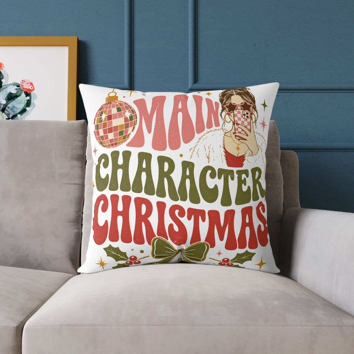 Modern Day Christmas Main Character Christmas Square Poly Canvas Pillow