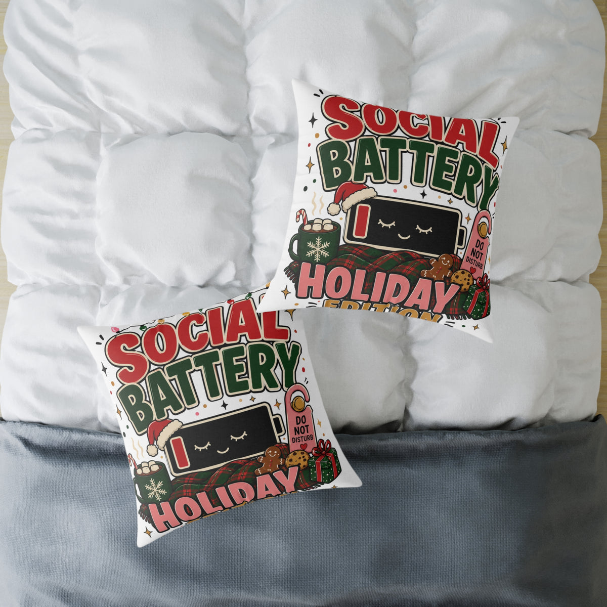 Social Battery Holiday Modern Day Christmas Pillow — Cute Low Energy Christmas Throw Pillow