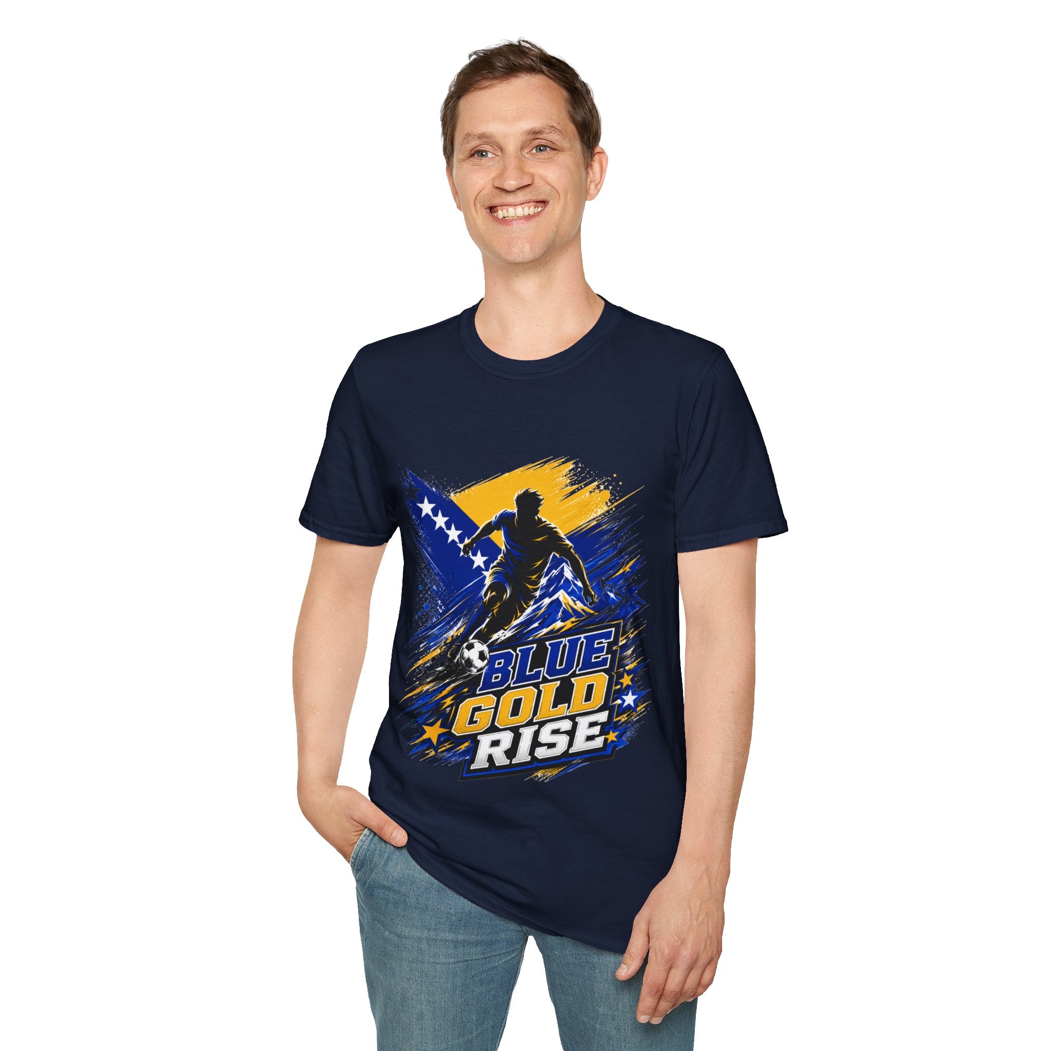 Bosnia Football T‑Shirt - "Blue Gold Rise" Soccer Graphic Tee