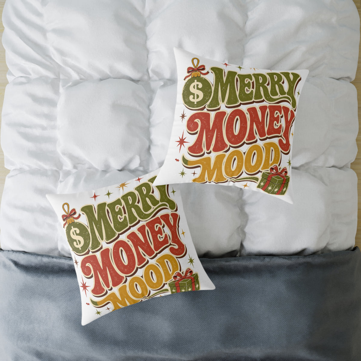 Modern Day Christmas Merry Money Mood Pillow — Festive Retro Holiday Throw Pillow