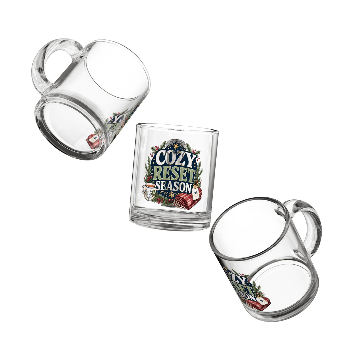 Modern Day Christmas Glass Mug  10ozCozy Reset Season Glass Mug — 10oz Holiday Coffee Cup
