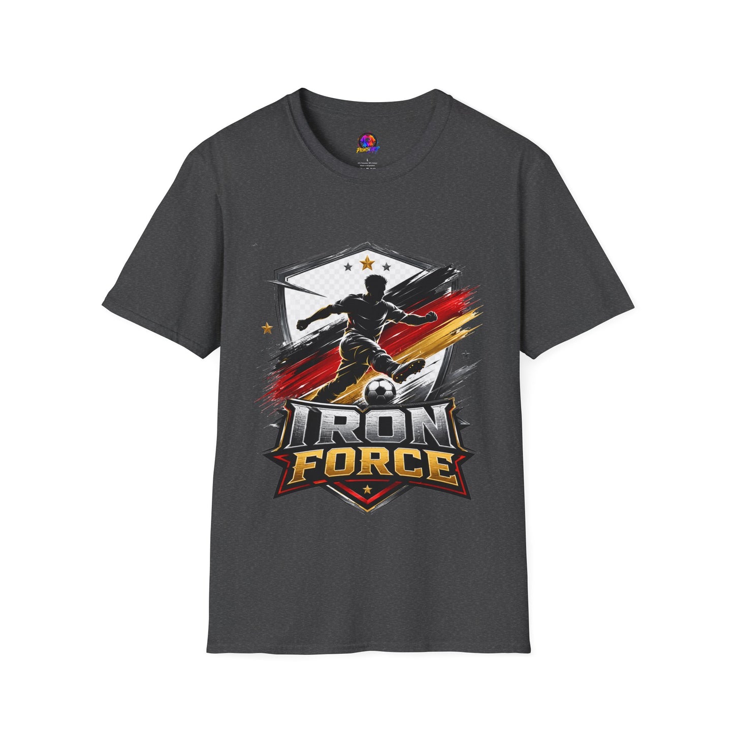 Germany Soccer 'Iron Force' Graphic T-Shirt — Player Silhouette with Red & Gold Brushstroke Emblem