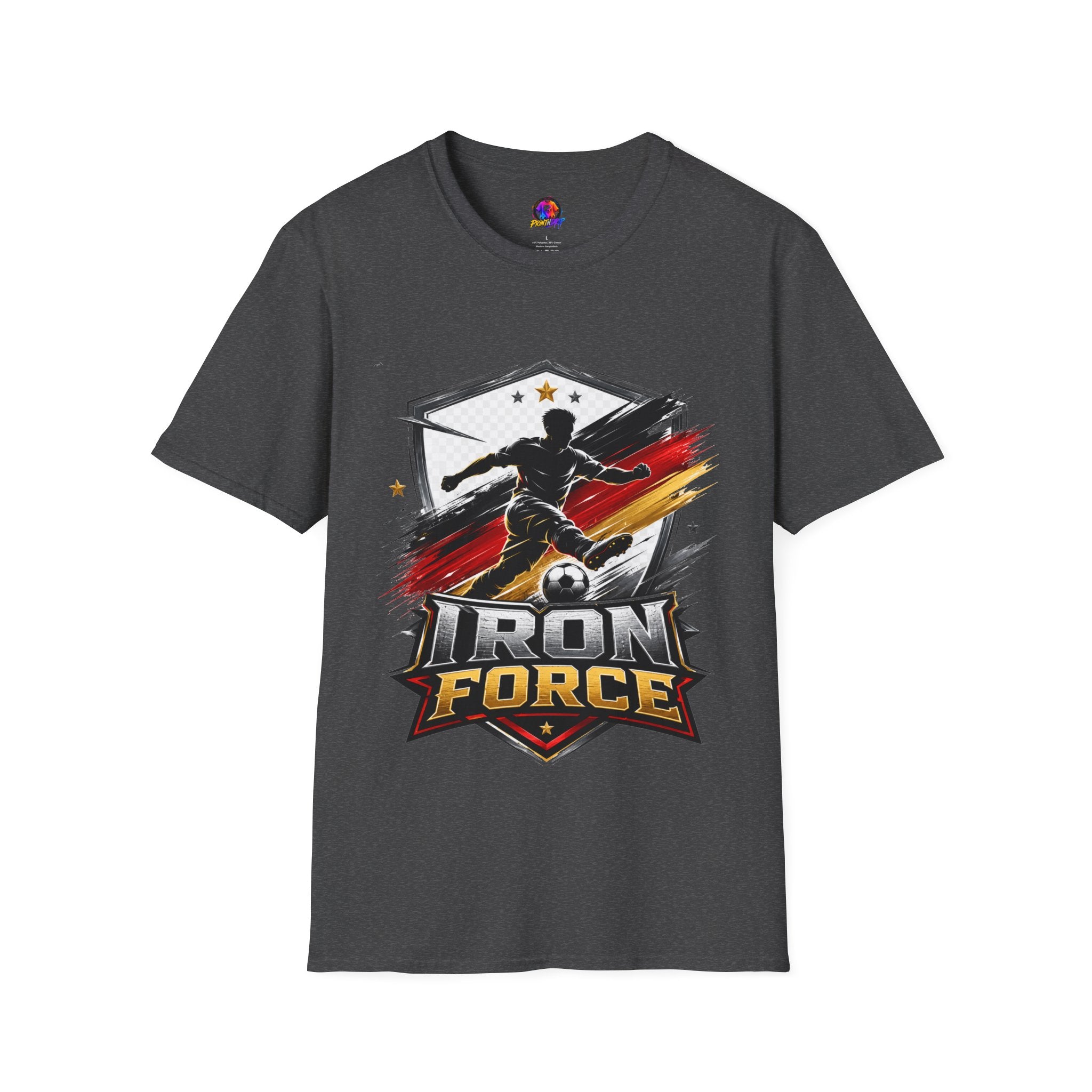 Germany Soccer 'Iron Force' Graphic T-Shirt — Player Silhouette with Red & Gold Brushstroke Emblem