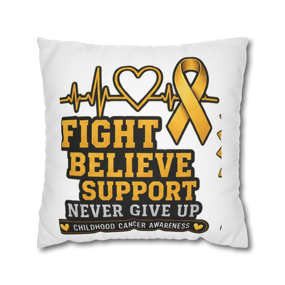 Childhood Cancer Awareness Pillow — "Fight Believe Support Never Give Up" Gold Ribbon Decorative Throw Pillow