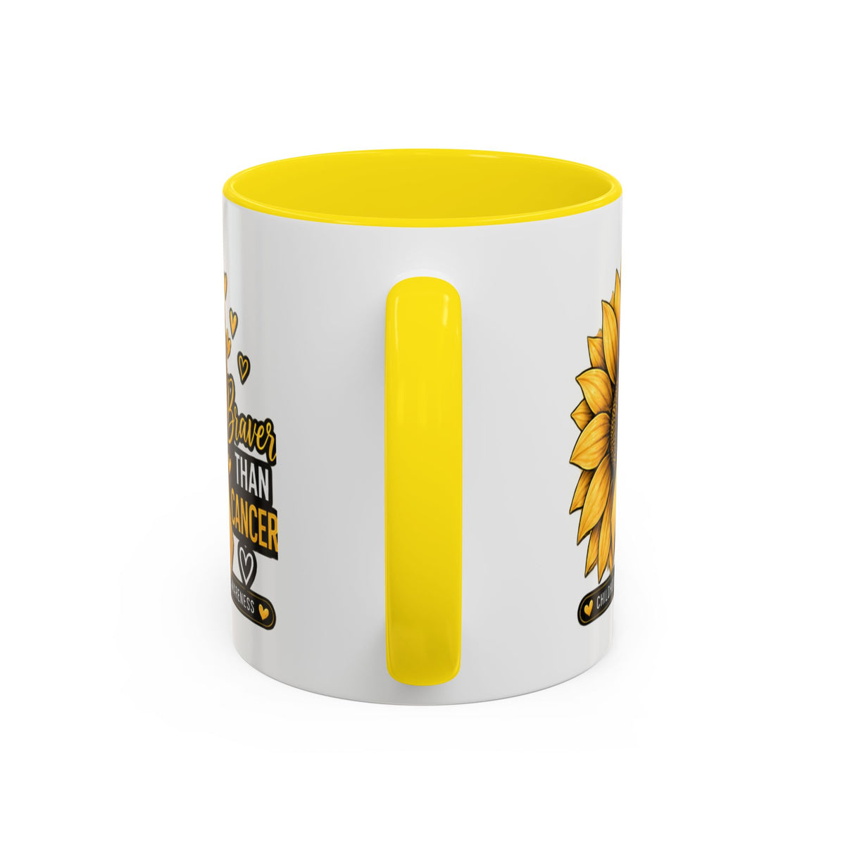Childhood Cancer Awareness Mug — "Braver Than Cancer" Sunflower & Gold Ribbon