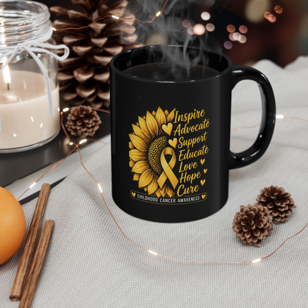 Childhood Cancer Awareness Sunflower Mug – Inspire Advocate Support Educate Love Hope Cure (Black, 11oz/15oz)
