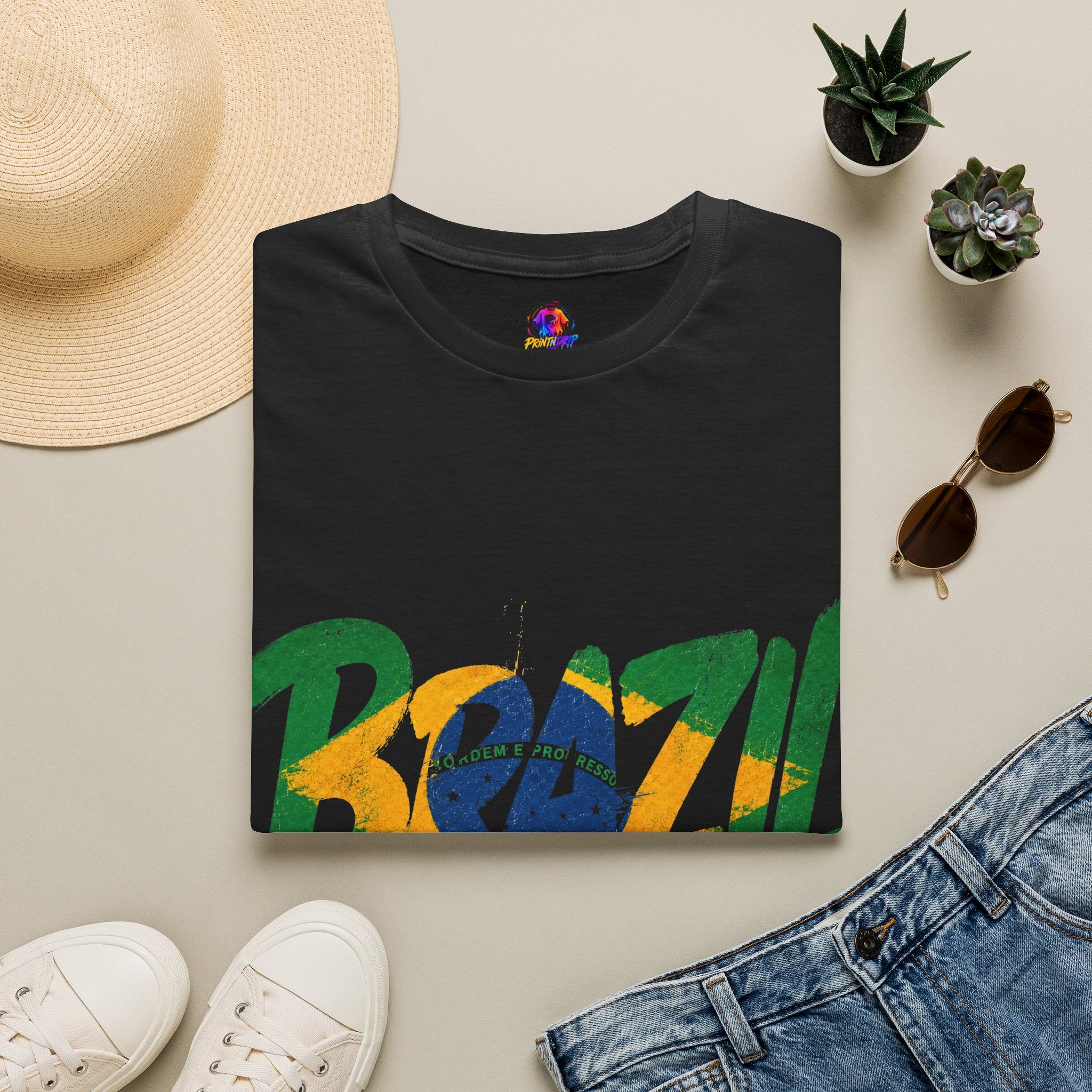 Brazil Flag Graphic T-Shirt — Bold Brazil Script with National Flag Motif