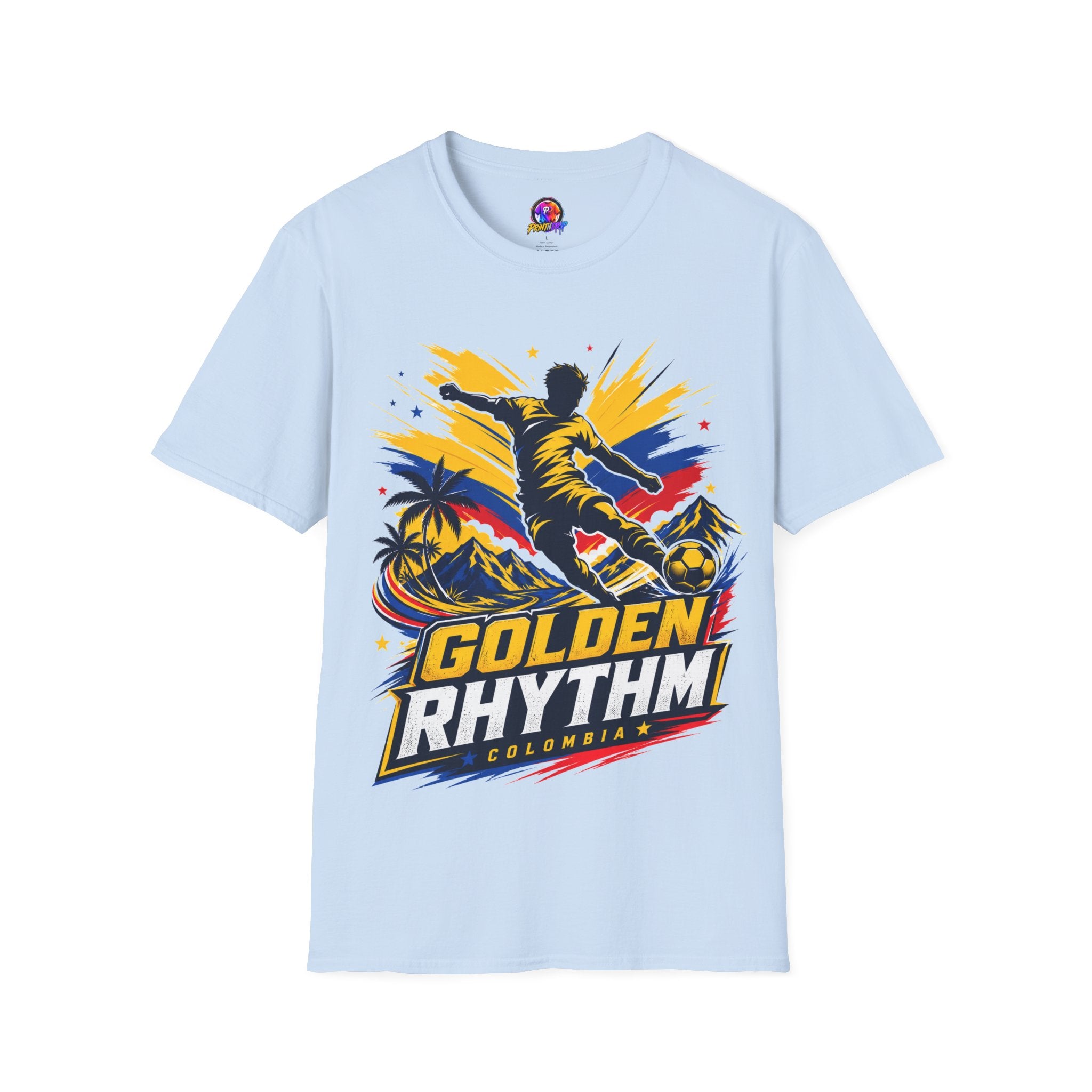 Columbia Soccer Player Graphic T-Shirt — "Golden Rhythm" Vibrant Beach Soccer Tee