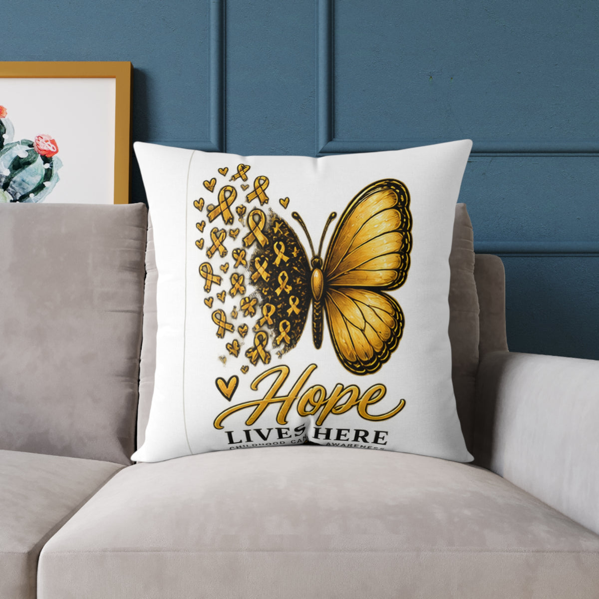 Childhood Cancer Hope Lives Here Butterfly Pillow — Gold Awareness Ribbon Accent
