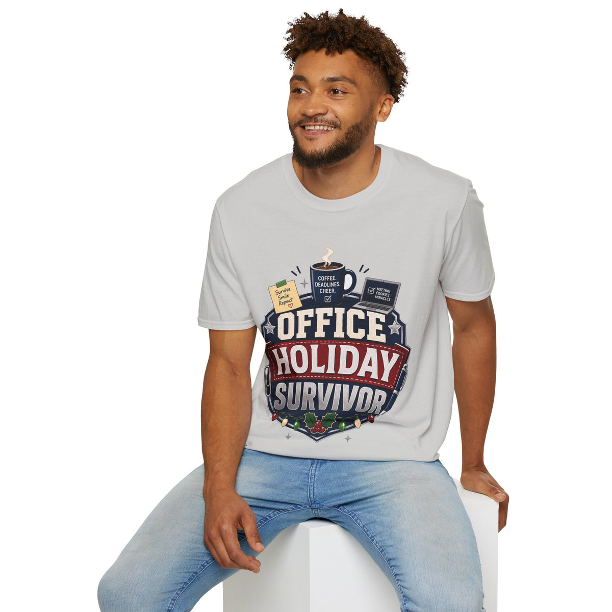 Office Holiday Survivor T-Shirt — Coffee, Deadlines & Cheer Work Shirt